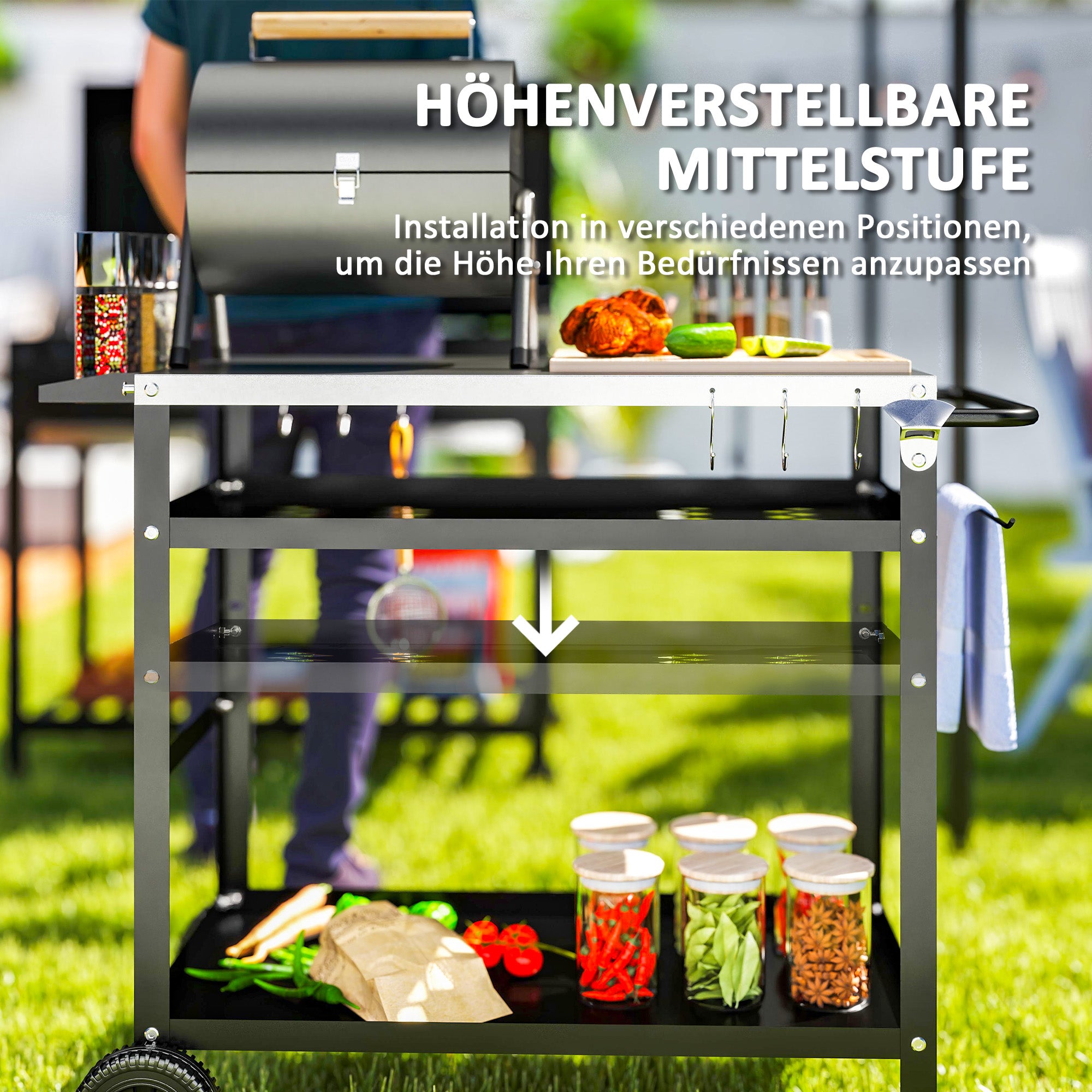 Grill Trolley 3-Tier Serving Cart with Work Surface Handles Cover Wheels, Adjustable Height BBQ Stainless Steel Grill Table, Grill Side Table, Outdoor Rolling Cart for Garden Grill 100x52x80cm Black