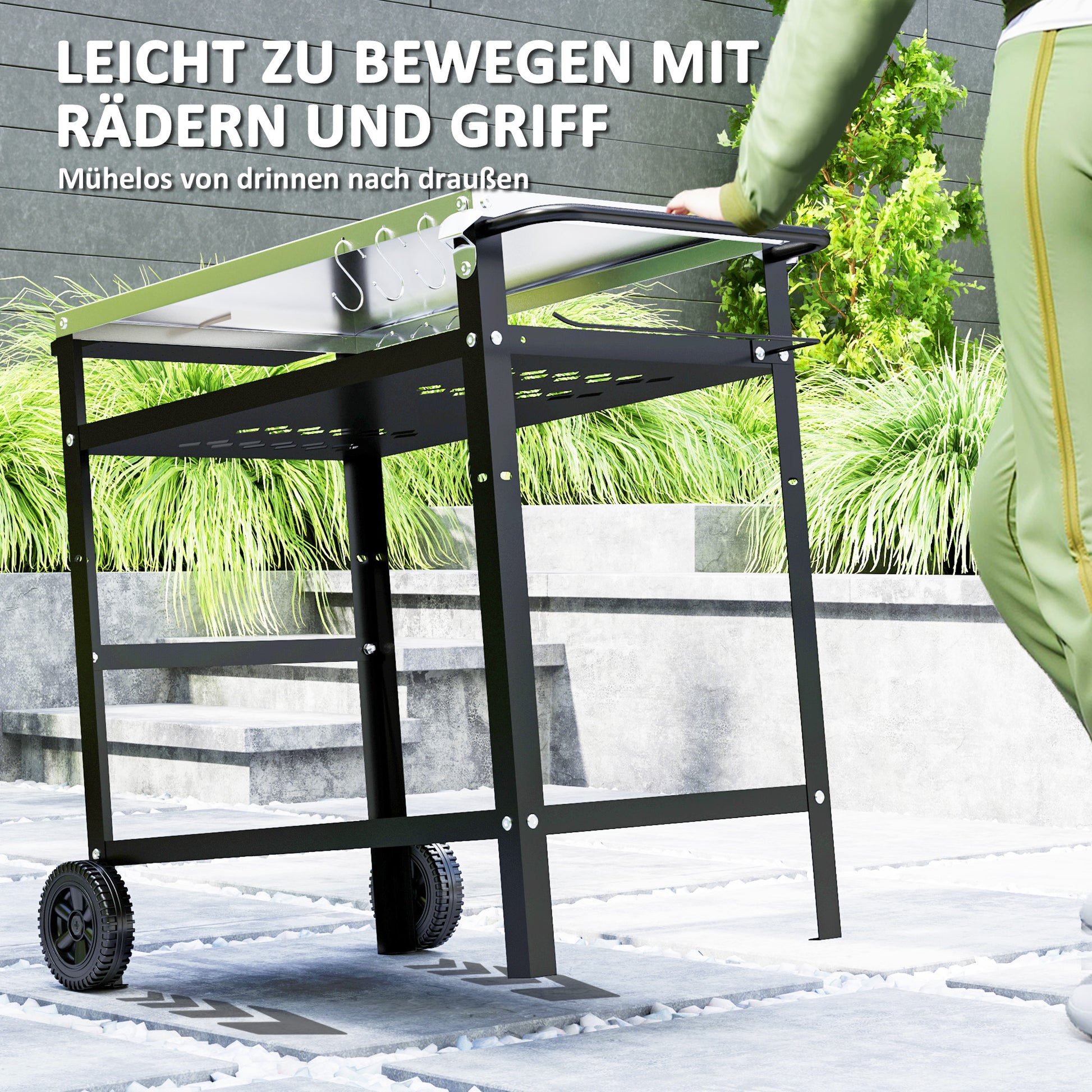 Grill Trolley 3-Tier Serving Cart with Work Surface Handles Cover Wheels, Adjustable Height BBQ Stainless Steel Grill Table, Grill Side Table, Outdoor Rolling Cart for Garden Grill 100x52x80cm Black
