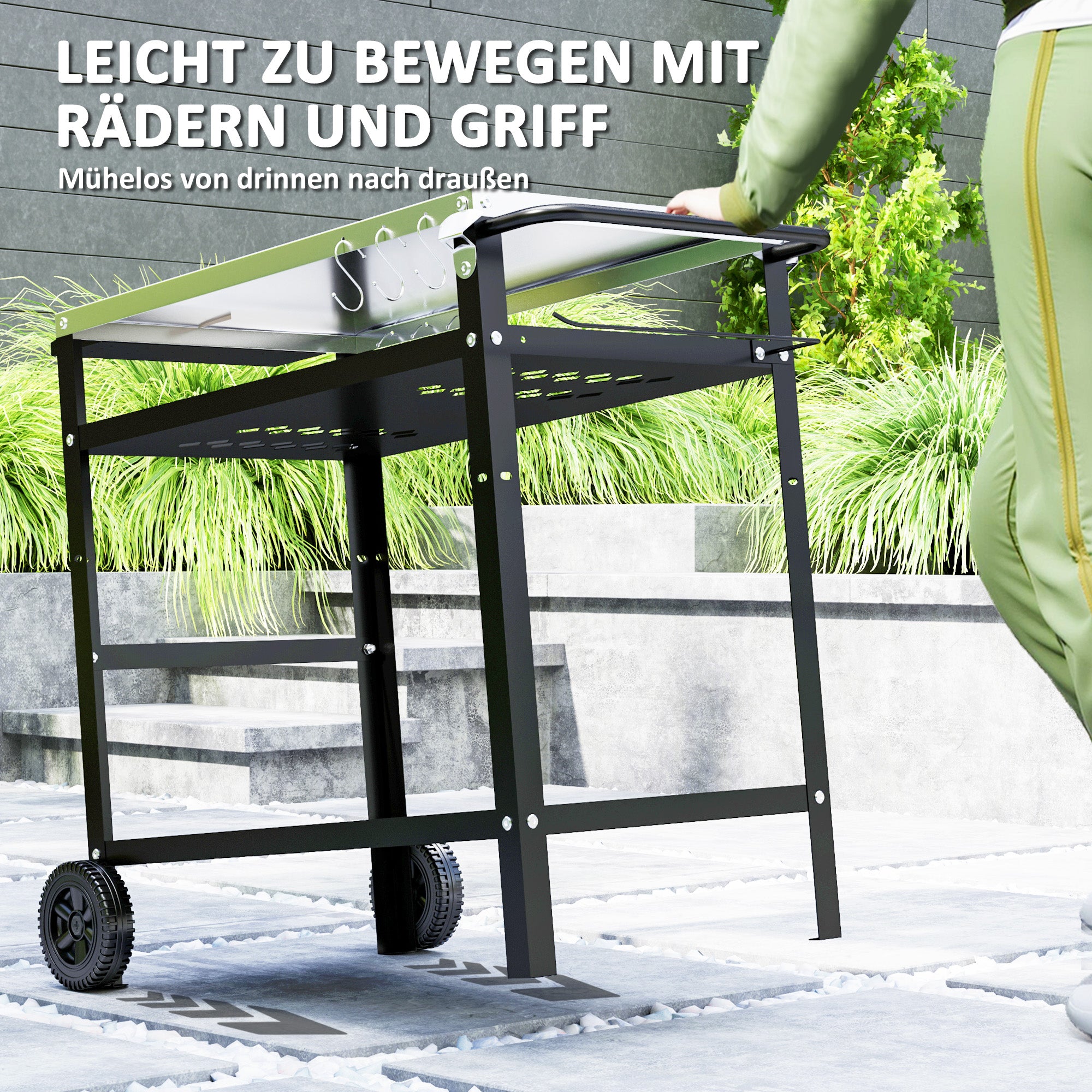 Grill Trolley 3-Tier Serving Cart with Work Surface Handles Cover Wheels, Adjustable Height BBQ Stainless Steel Grill Table, Grill Side Table, Outdoor Rolling Cart for Garden Grill 100x52x80cm Black