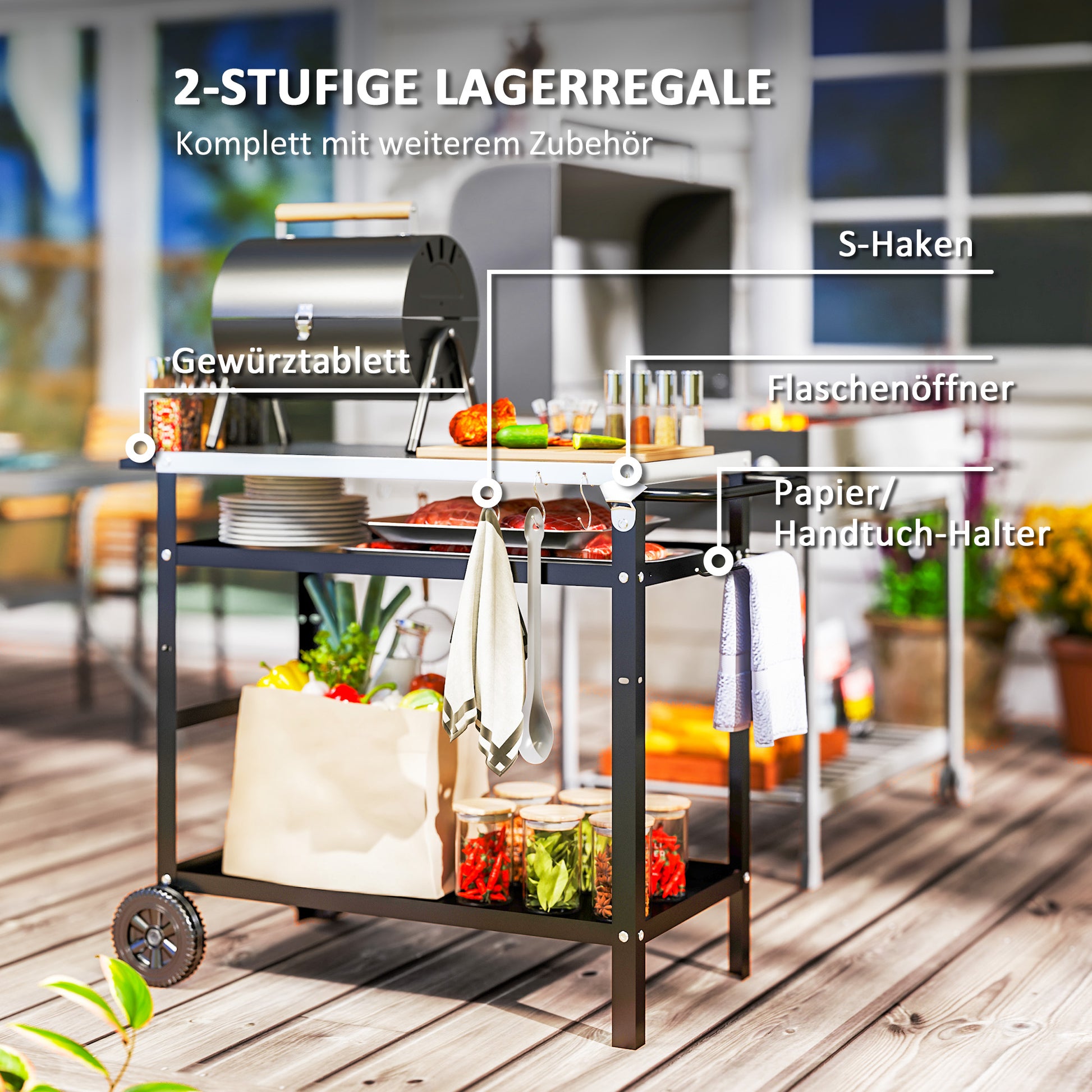Grill Trolley 3-Tier Serving Cart with Work Surface Handles Cover Wheels, Adjustable Height BBQ Stainless Steel Grill Table, Grill Side Table, Outdoor Rolling Cart for Garden Grill 100x52x80cm Black