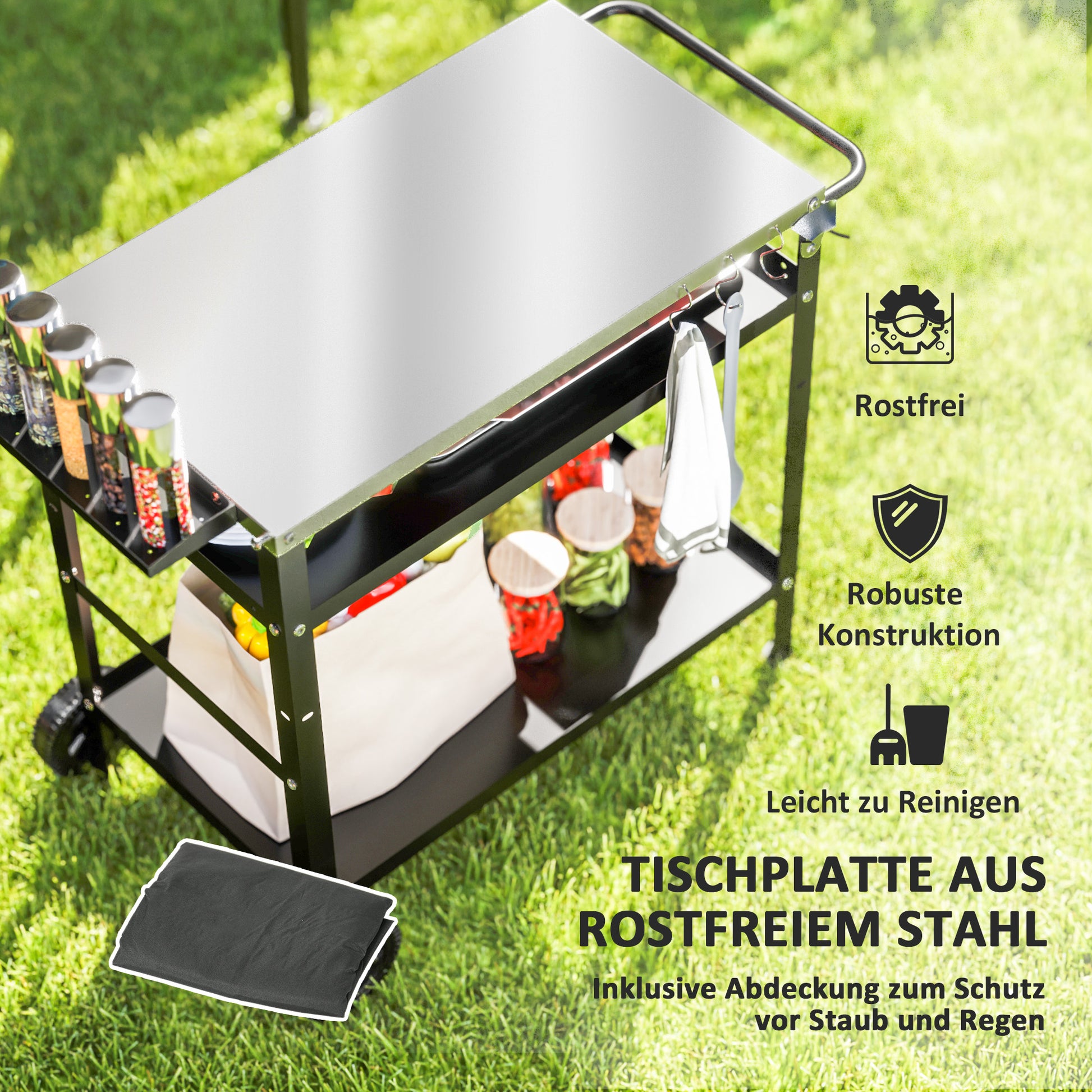 Grill Trolley 3-Tier Serving Cart with Work Surface Handles Cover Wheels, Adjustable Height BBQ Stainless Steel Grill Table, Grill Side Table, Outdoor Rolling Cart for Garden Grill 100x52x80cm Black