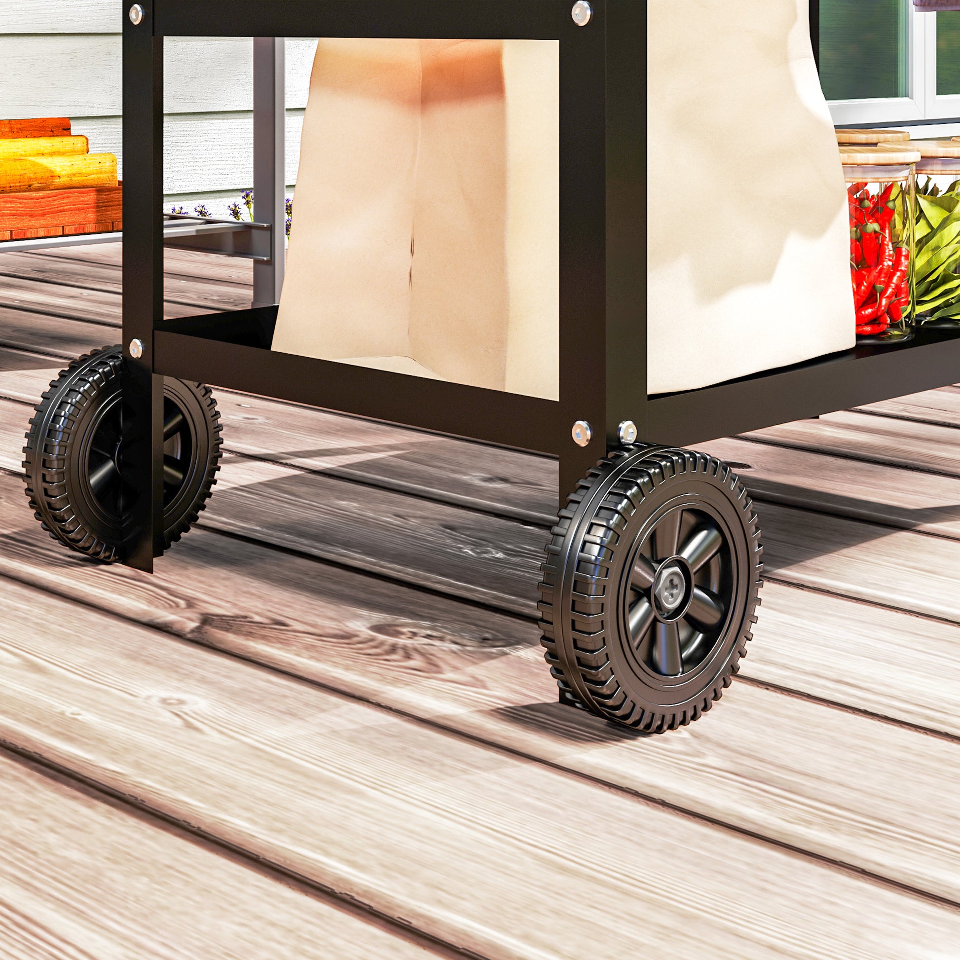 Grill Trolley 3-Tier Serving Cart with Work Surface Handles Cover Wheels, Adjustable Height BBQ Stainless Steel Grill Table, Grill Side Table, Outdoor Rolling Cart for Garden Grill 100x52x80cm Black