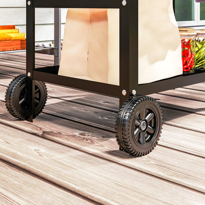 Grill Trolley 3-Tier Serving Cart with Work Surface Handles Cover Wheels, Adjustable Height BBQ Stainless Steel Grill Table, Grill Side Table, Outdoor Rolling Cart for Garden Grill 100x52x80cm Black