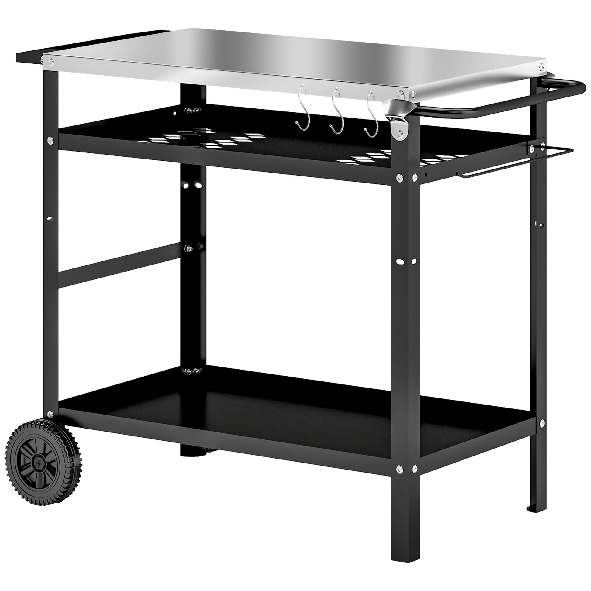 Grill Trolley 3-Tier Serving Cart with Work Surface Handles Cover Wheels, Adjustable Height BBQ Stainless Steel Grill Table, Grill Side Table, Outdoor Rolling Cart for Garden Grill 100x52x80cm Black