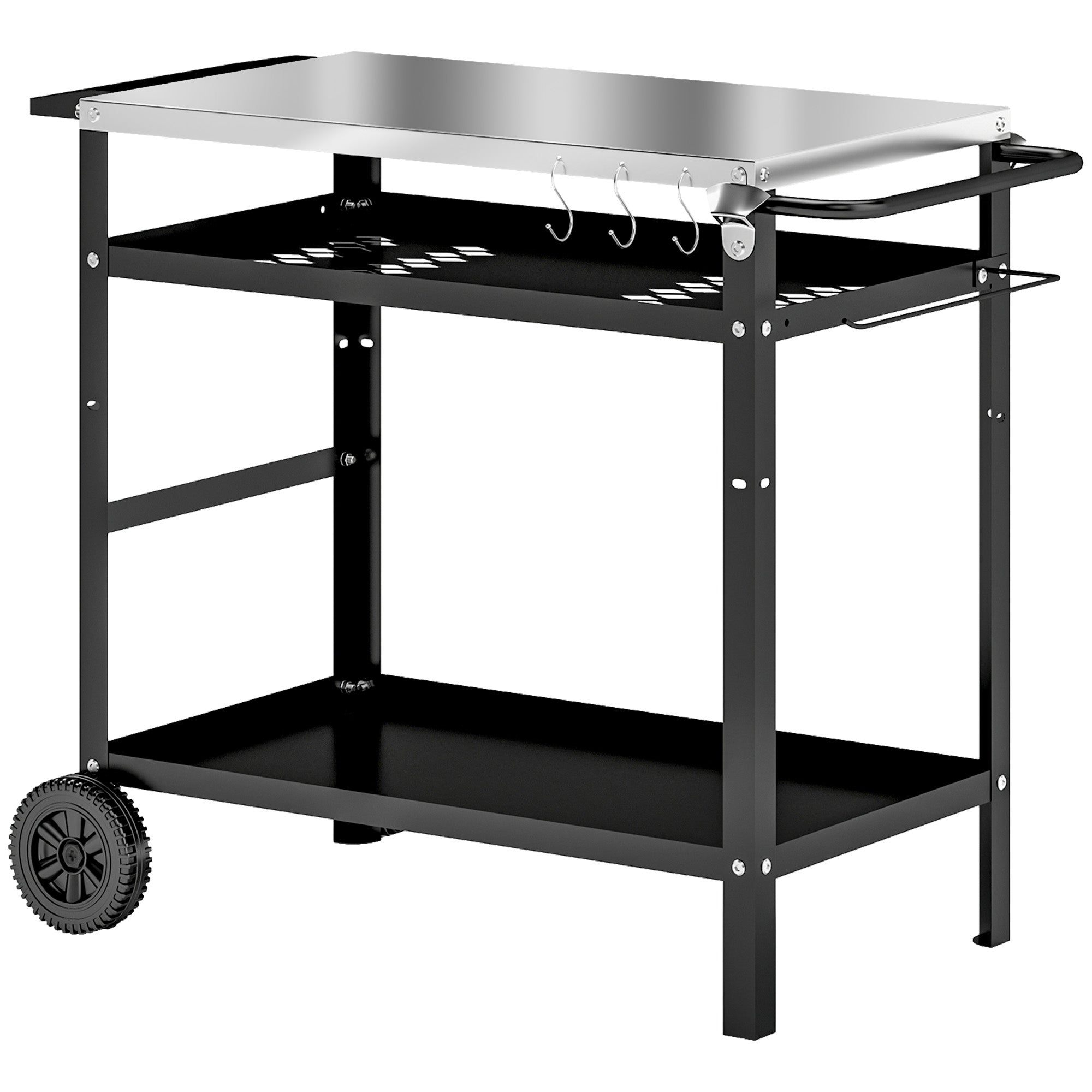 Grill Trolley 3-Tier Serving Cart with Work Surface Handles Cover Wheels, Adjustable Height BBQ Stainless Steel Grill Table, Grill Side Table, Outdoor Rolling Cart for Garden Grill 100x52x80cm Black