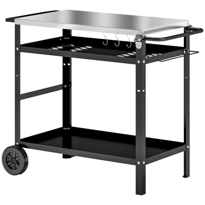 Grill Trolley 3-Tier Serving Cart with Work Surface Handles Cover Wheels, Adjustable Height BBQ Stainless Steel Grill Table, Grill Side Table, Outdoor Rolling Cart for Garden Grill 100x52x80cm Black