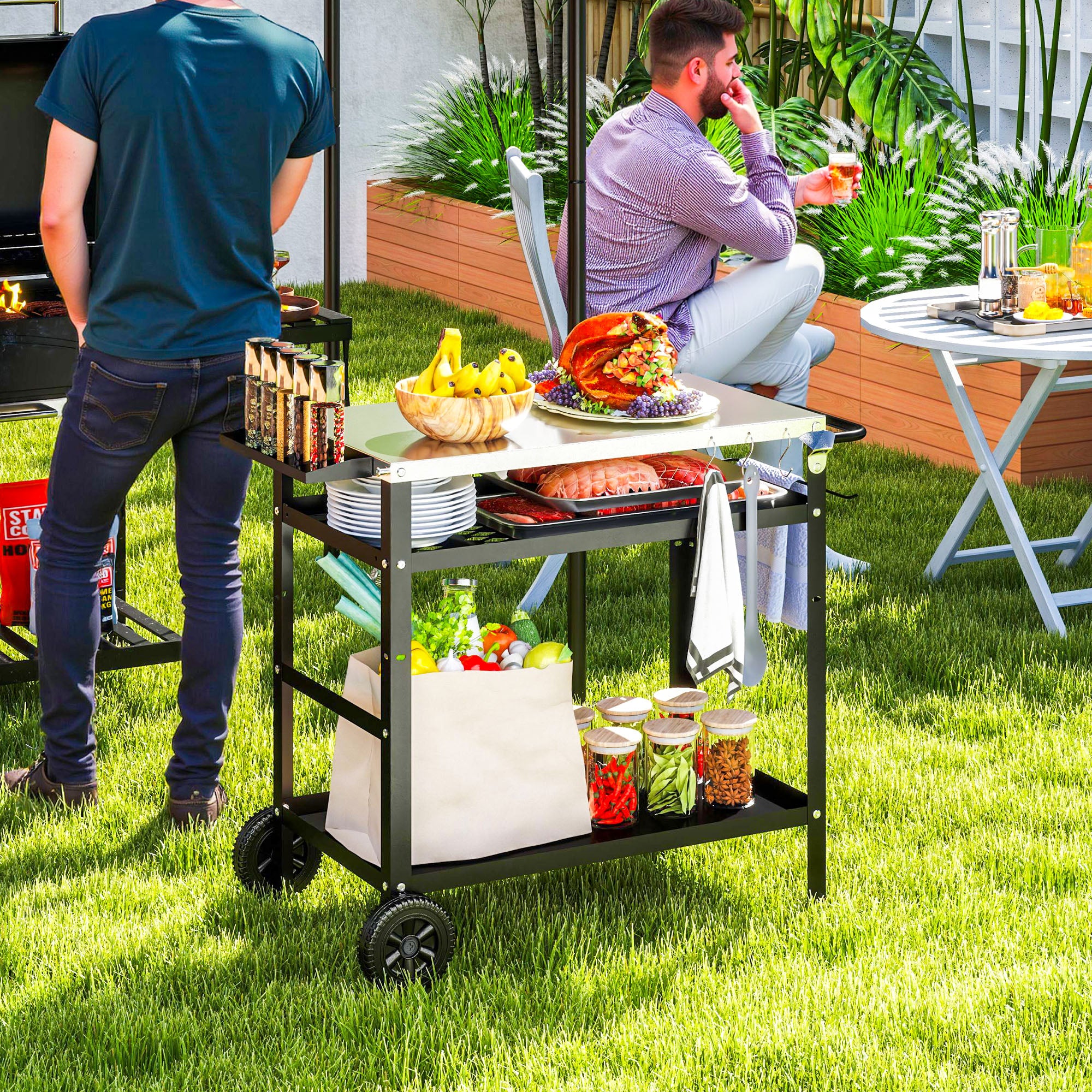 Grill Trolley 3-Tier Serving Cart with Work Surface Handles Cover Wheels, Adjustable Height BBQ Stainless Steel Grill Table, Grill Side Table, Outdoor Rolling Cart for Garden Grill 100x52x80cm Black