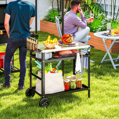 Grill Trolley 3-Tier Serving Cart with Work Surface Handles Cover Wheels, Adjustable Height BBQ Stainless Steel Grill Table, Grill Side Table, Outdoor Rolling Cart for Garden Grill 100x52x80cm Black