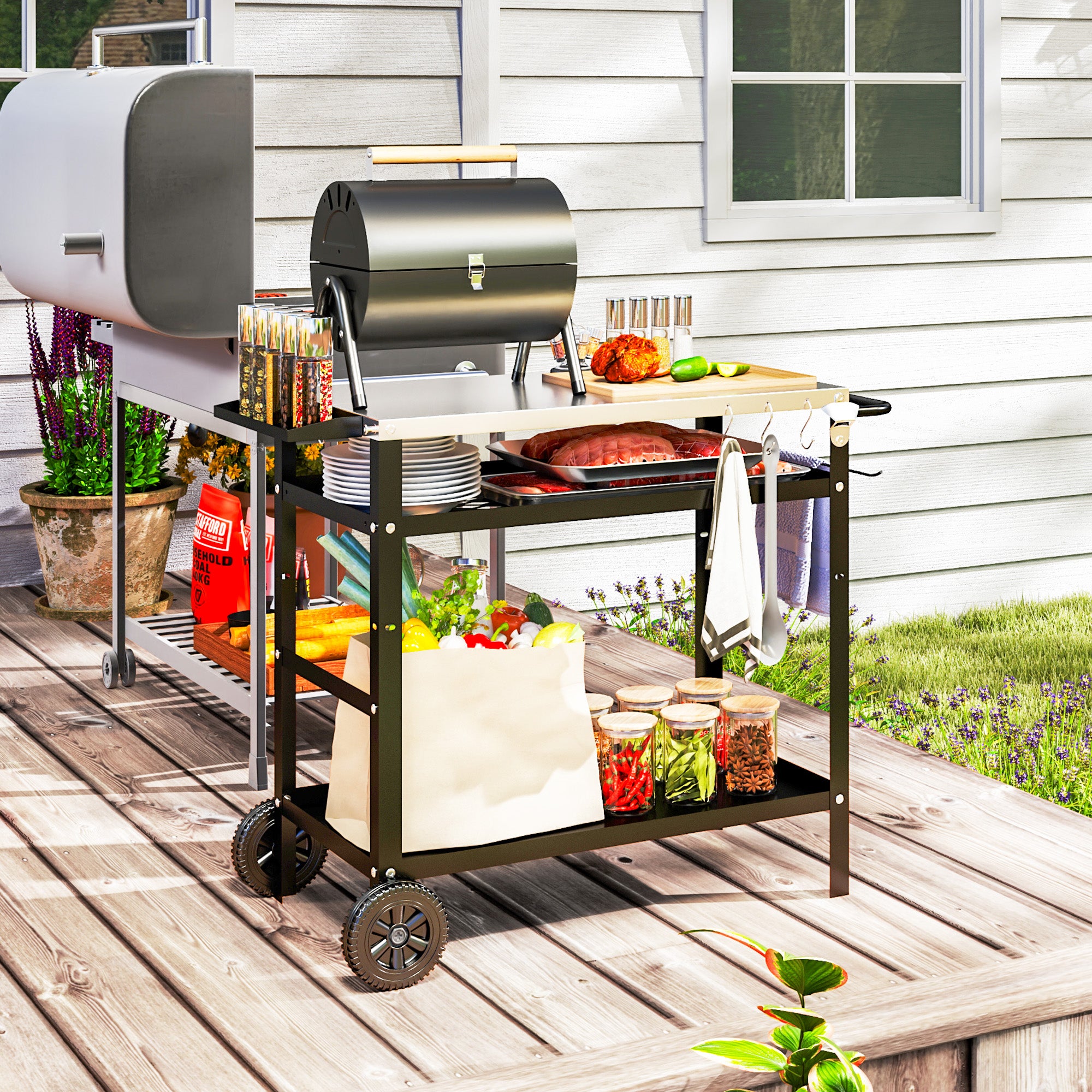 Grill Trolley 3-Tier Serving Cart with Work Surface Handles Cover Wheels, Adjustable Height BBQ Stainless Steel Grill Table, Grill Side Table, Outdoor Rolling Cart for Garden Grill 100x52x80cm Black