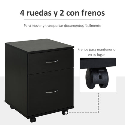 Office and Home Filing Cabinet Wooden Mobile Archiver with Wheels and 2 Drawers 41x39x58cm Black