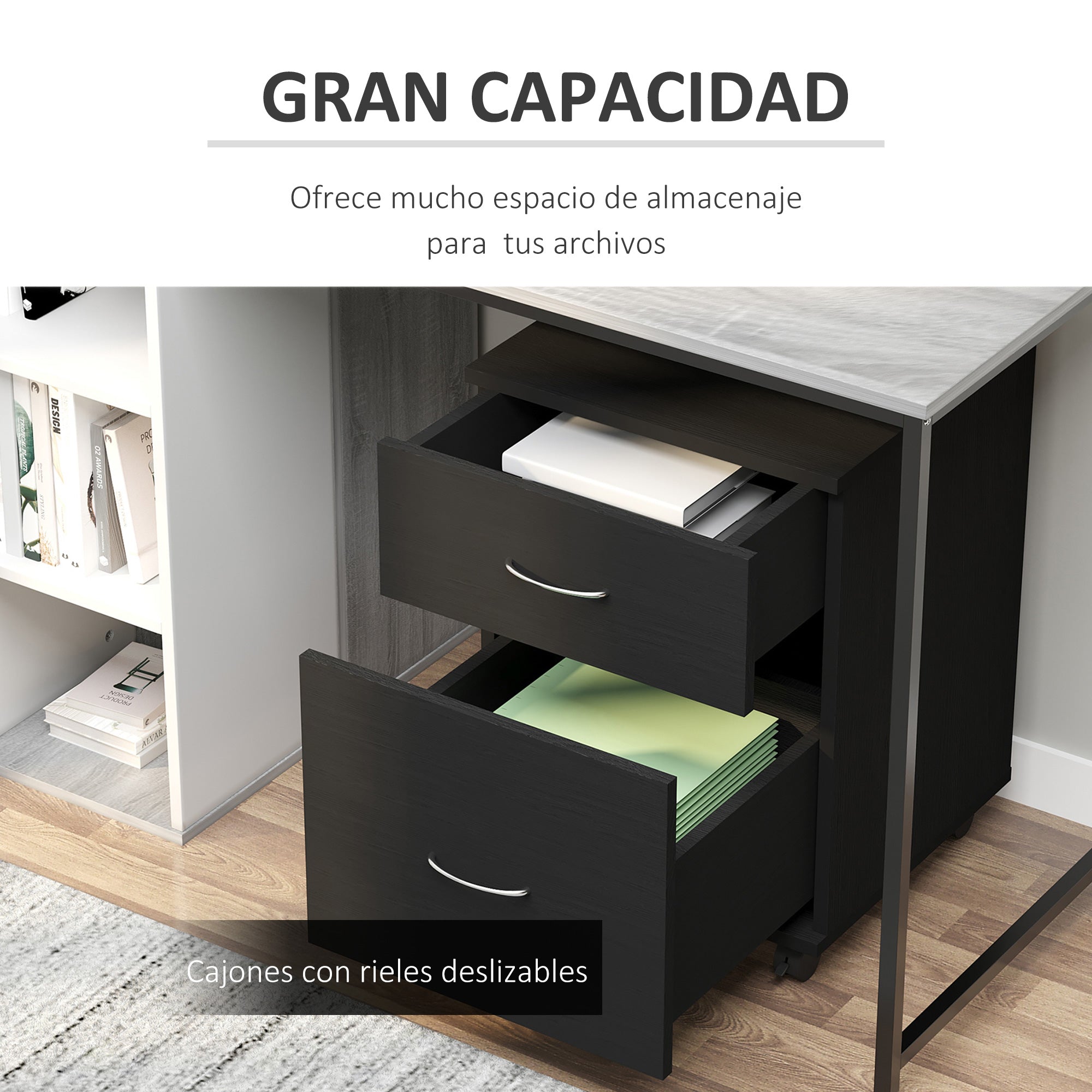 Office and Home Filing Cabinet Wooden Mobile Archiver with Wheels and 2 Drawers 41x39x58cm Black