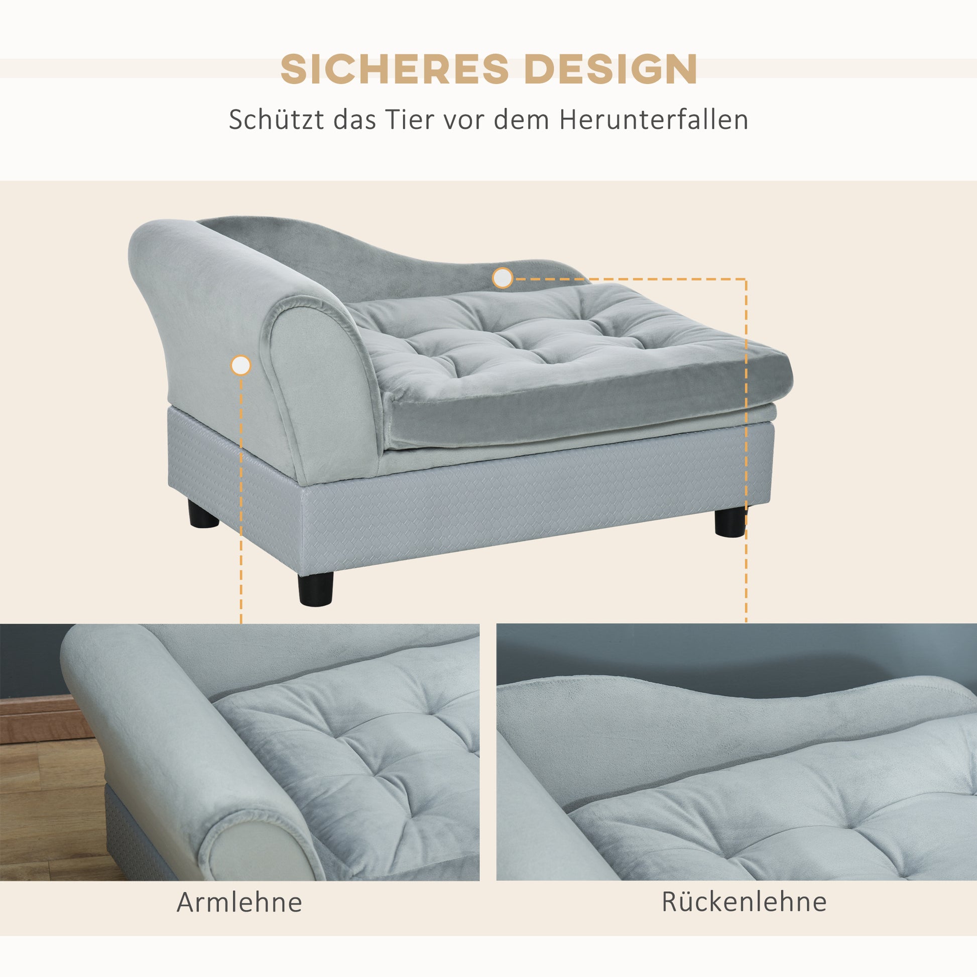 Pet Sofa with Mat, Dog Bed, Dog Mat, Dog Couch with Storage Space, Natural Wood+Plush, Light Gray, 76 x 45 x 43 cm