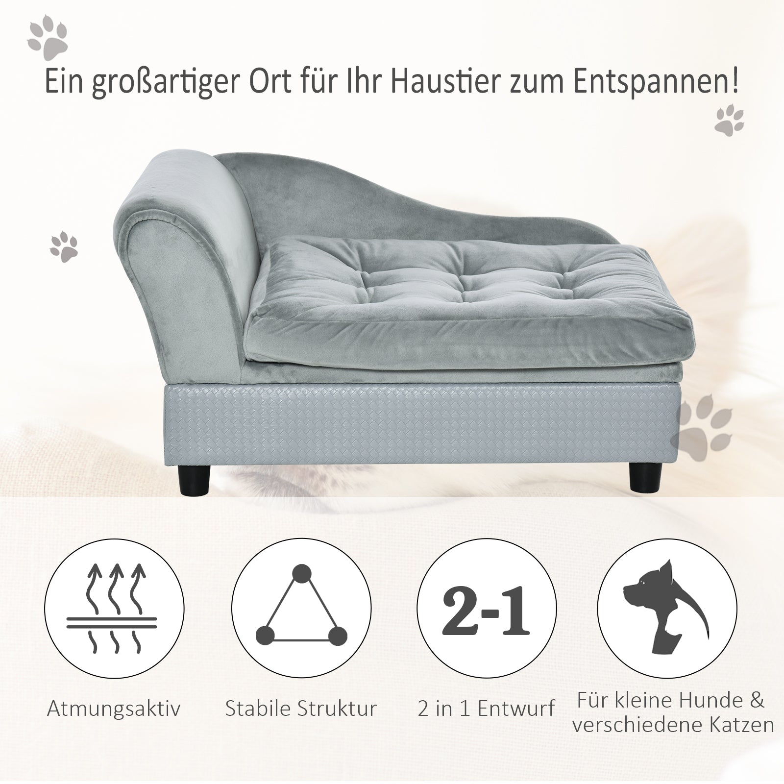 Pet Sofa with Mat, Dog Bed, Dog Mat, Dog Couch with Storage Space, Natural Wood+Plush, Light Gray, 76 x 45 x 43 cm