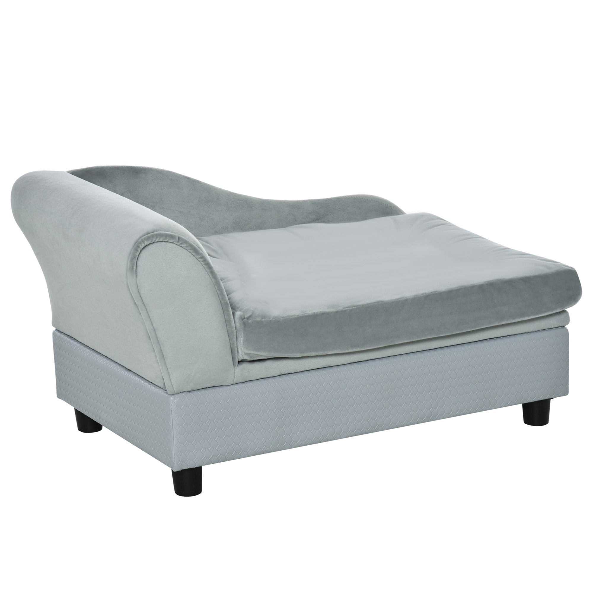 Pet Sofa with Mat, Dog Bed, Dog Mat, Dog Couch with Storage Space, Natural Wood+Plush, Light Gray, 76 x 45 x 43 cm