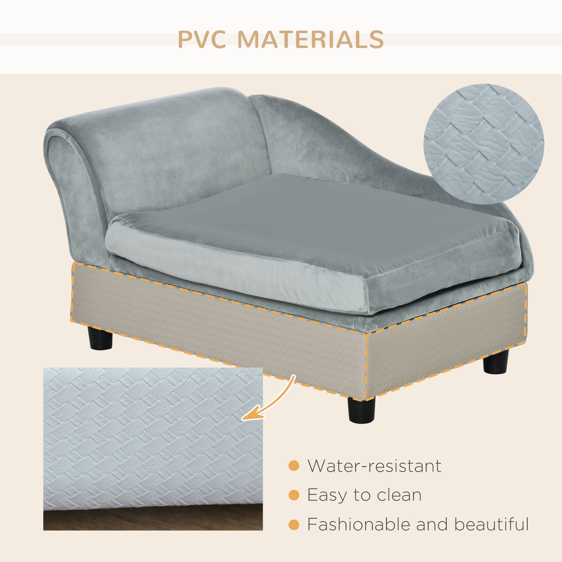Pet Sofa with Mat, Dog Bed, Dog Mat, Dog Couch with Storage Space, Natural Wood+Plush, Light Gray, 76 x 45 x 43 cm