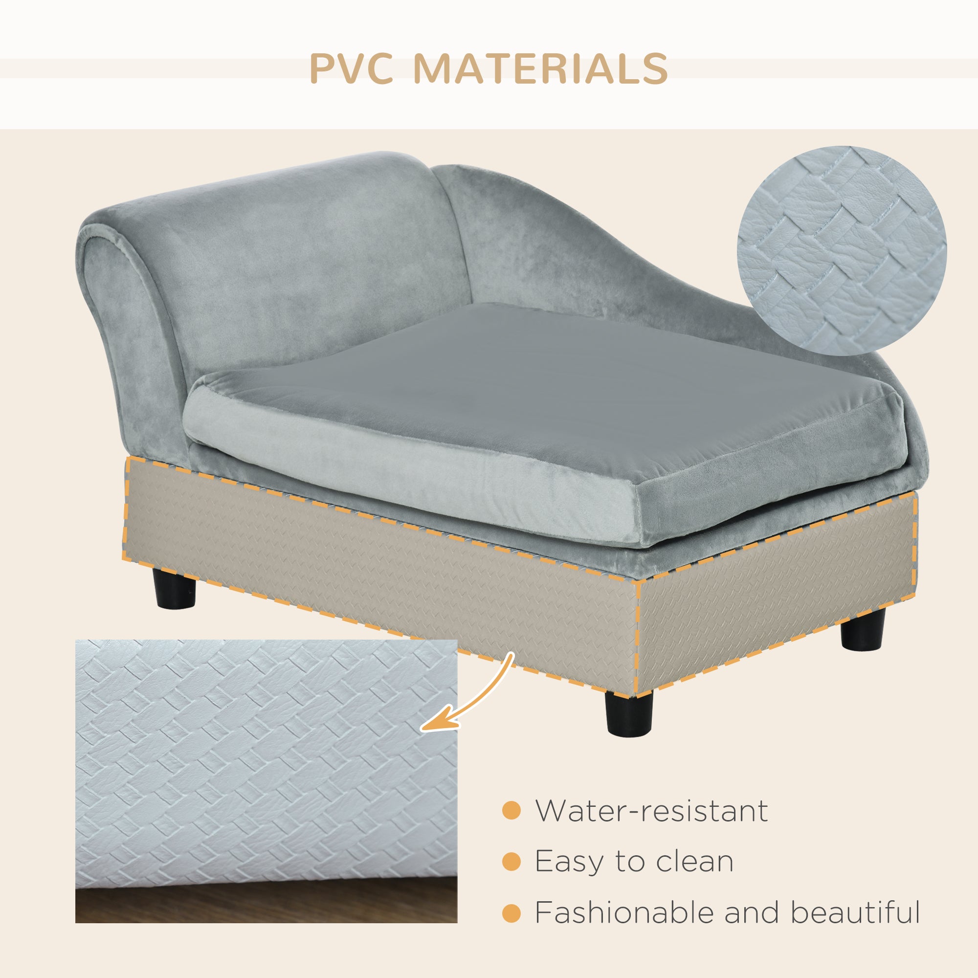 Pet Sofa with Mat, Dog Bed, Dog Mat, Dog Couch with Storage Space, Natural Wood+Plush, Light Gray, 76 x 45 x 43 cm