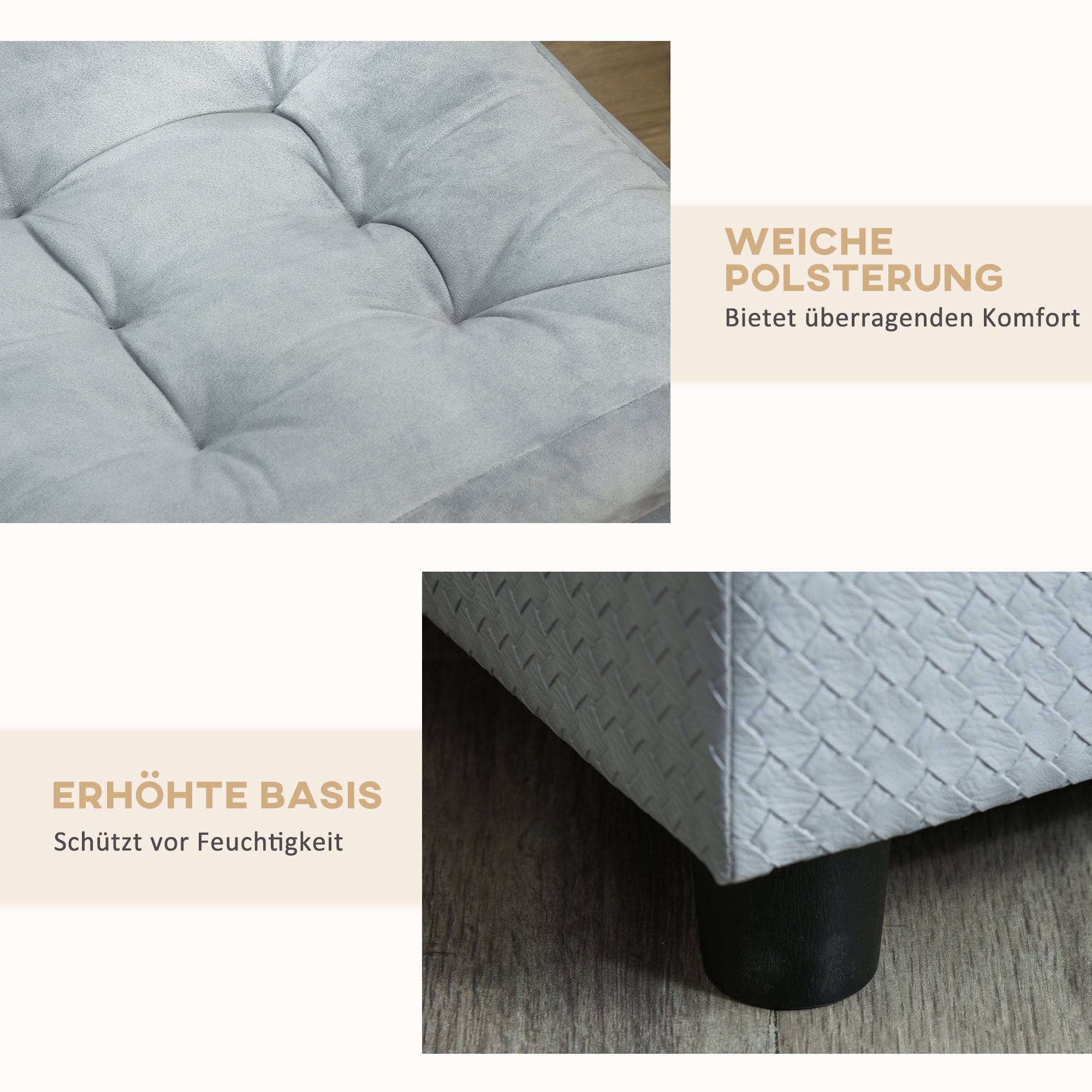 Pet Sofa with Mat, Dog Bed, Dog Mat, Dog Couch with Storage Space, Natural Wood+Plush, Light Gray, 76 x 45 x 43 cm
