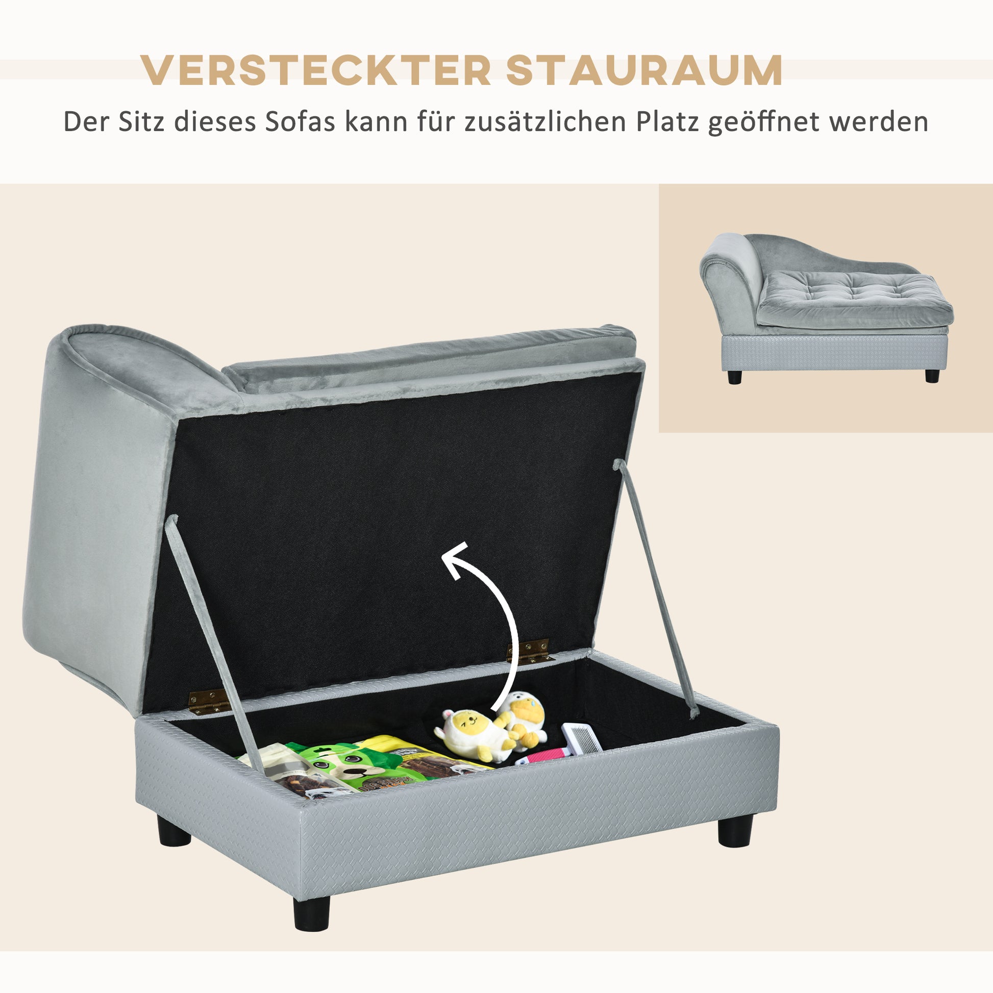 Pet Sofa with Mat, Dog Bed, Dog Mat, Dog Couch with Storage Space, Natural Wood+Plush, Light Gray, 76 x 45 x 43 cm