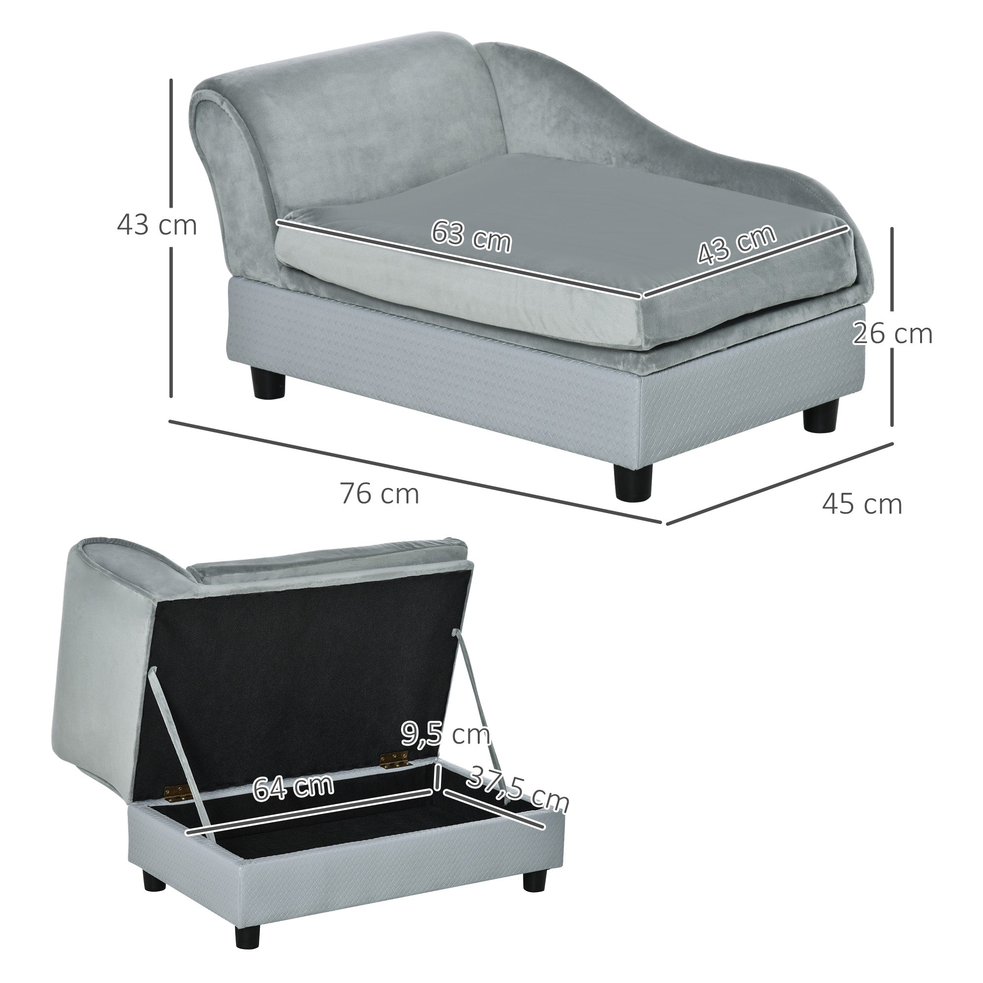 Pet Sofa with Mat, Dog Bed, Dog Mat, Dog Couch with Storage Space, Natural Wood+Plush, Light Gray, 76 x 45 x 43 cm