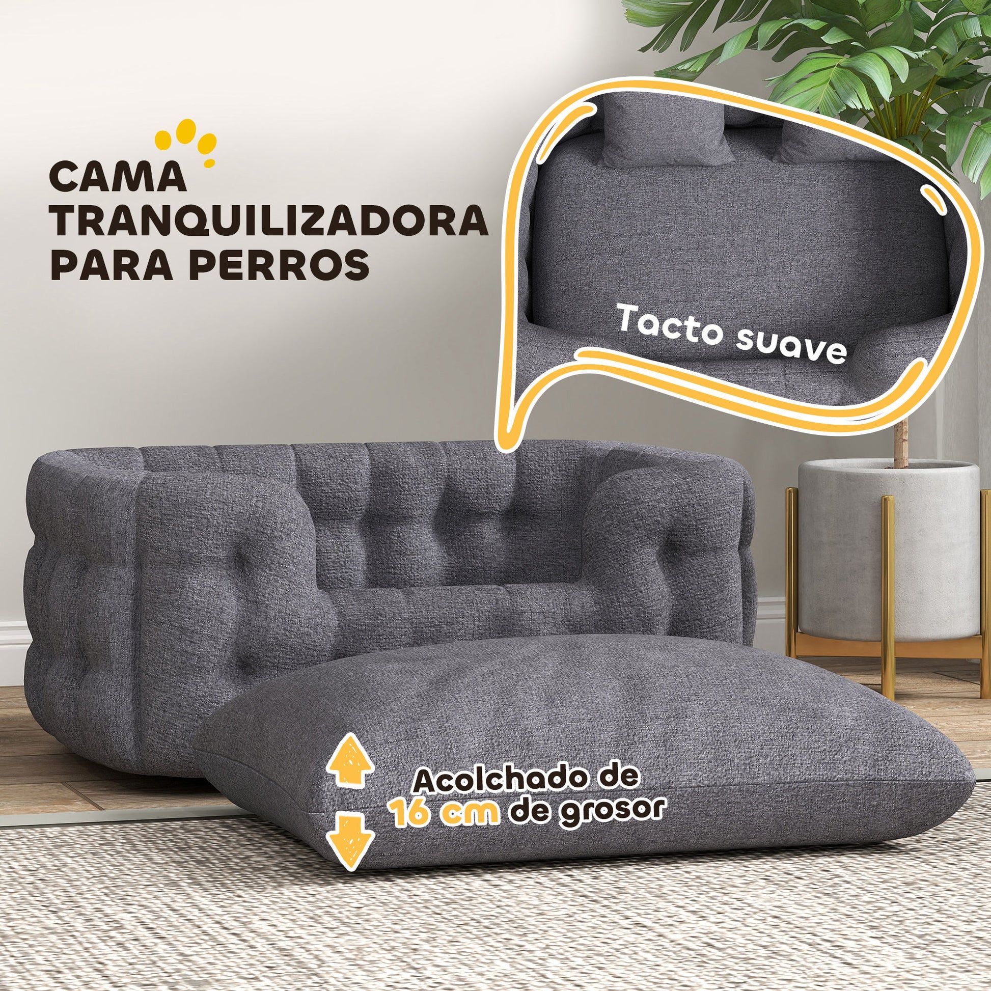Small Dog Bed Pet Bed with 2 Pillows Dog Mattress with Non-Slip Base Removable and Washable Cover 90x60x35 cm Gray