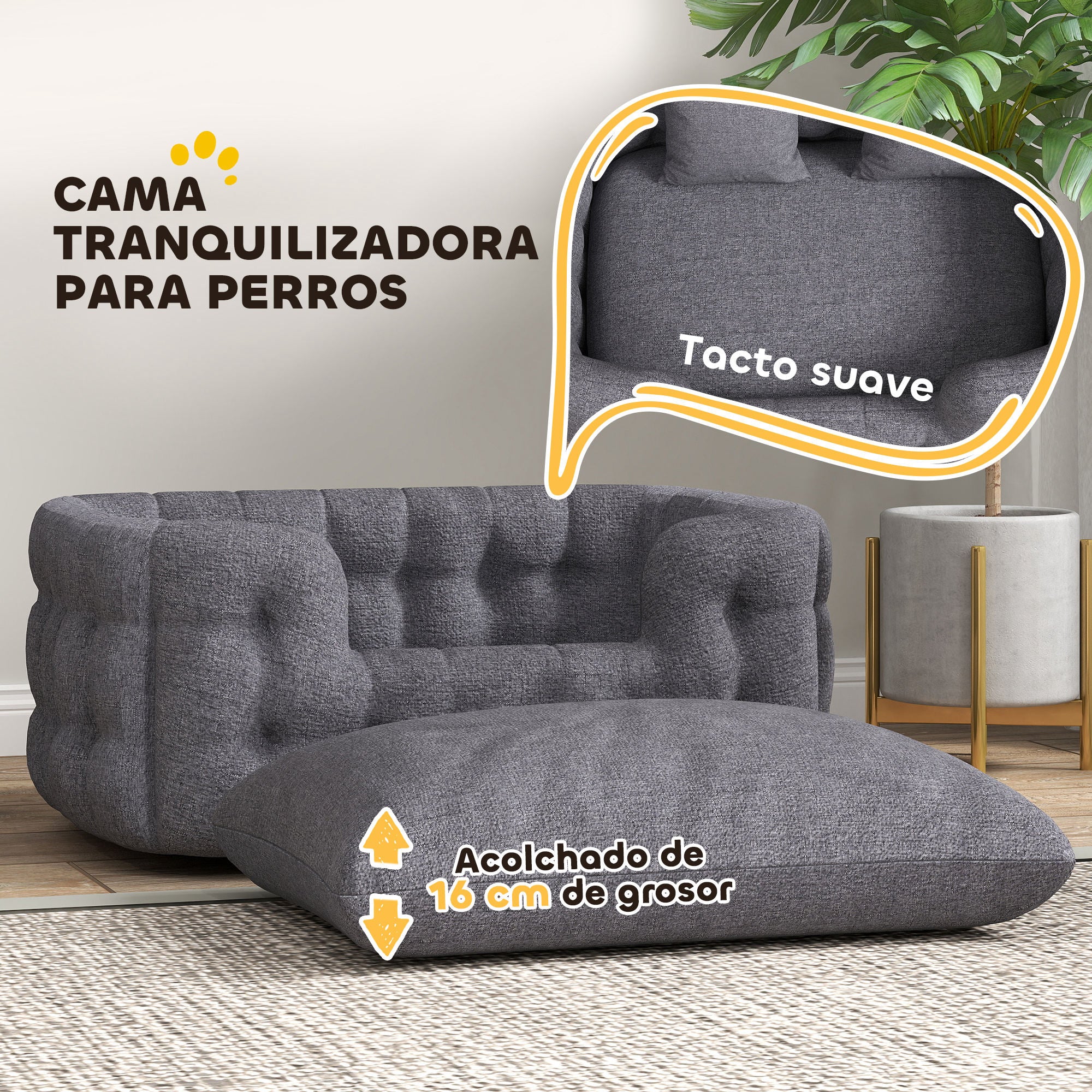 Small Dog Bed Pet Bed with 2 Pillows Dog Mattress with Non-Slip Base Removable and Washable Cover 90x60x35 cm Gray