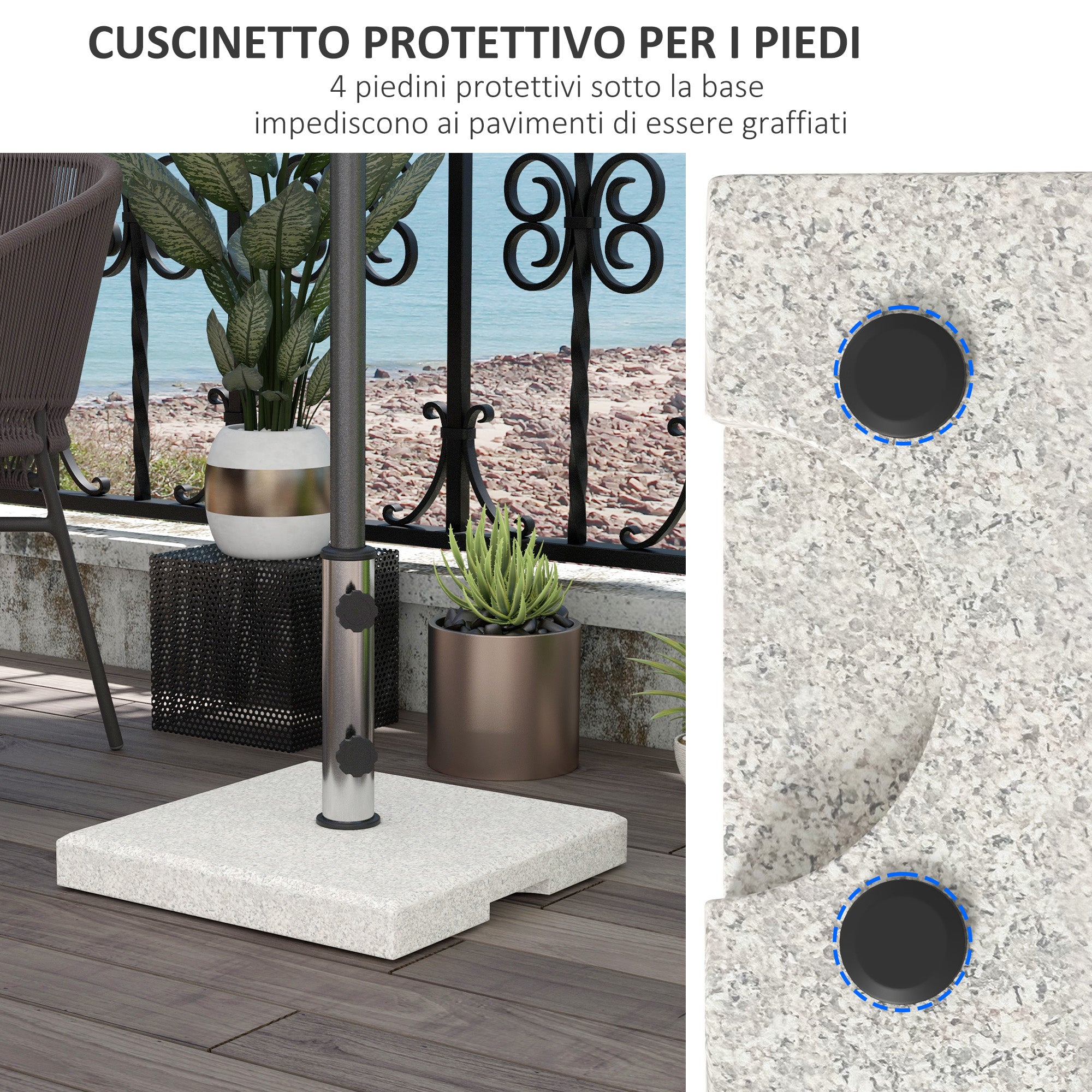 Garden Umbrella Base 25kg for Poles with Ø32mm, Ø38mm and Ø48mm, Granite and Stainless Steel Umbrella Base with Side Knobs and Handles, 38x38x38 cm, Gray