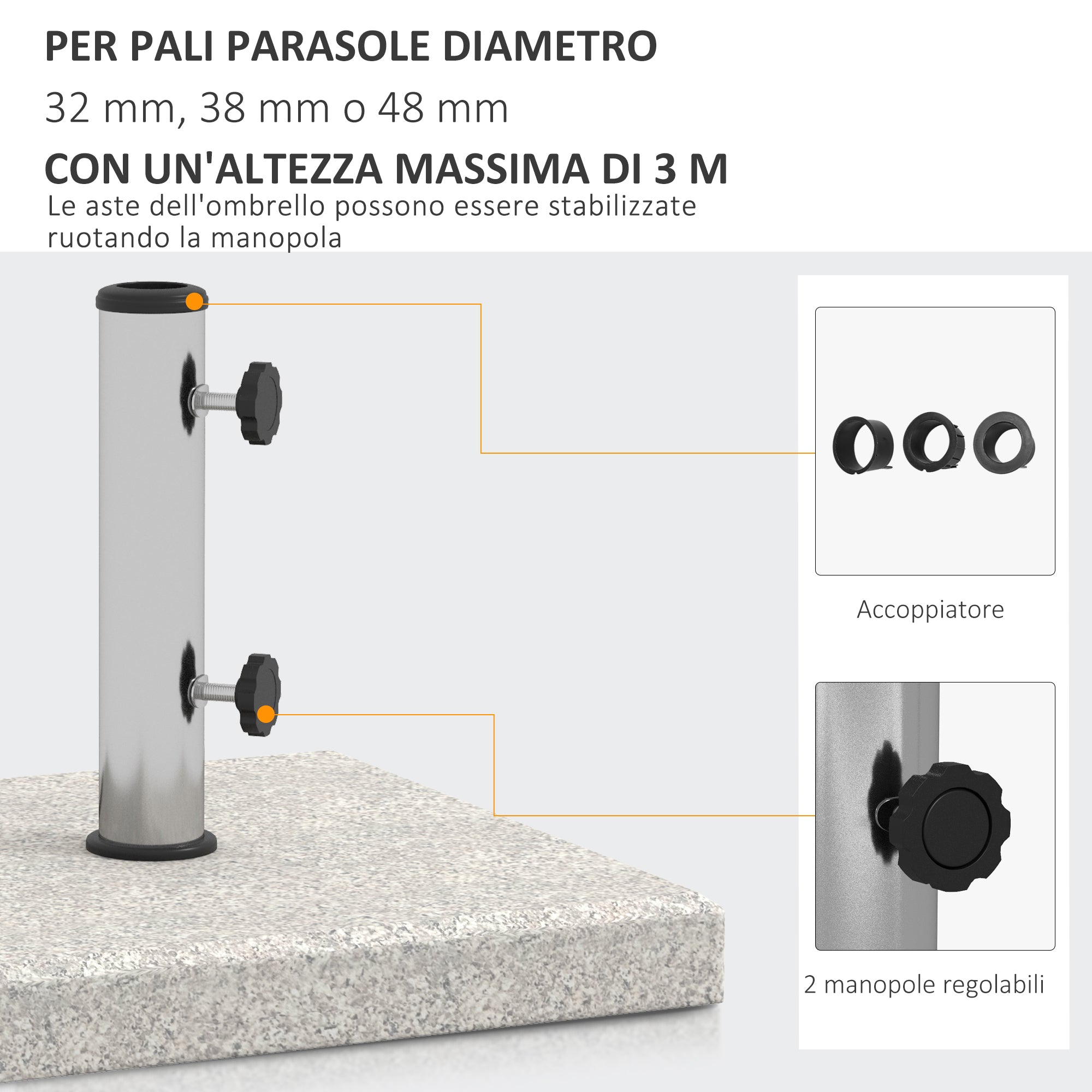 Garden Umbrella Base 25kg for Poles with Ø32mm, Ø38mm and Ø48mm, Granite and Stainless Steel Umbrella Base with Side Knobs and Handles, 38x38x38 cm, Gray