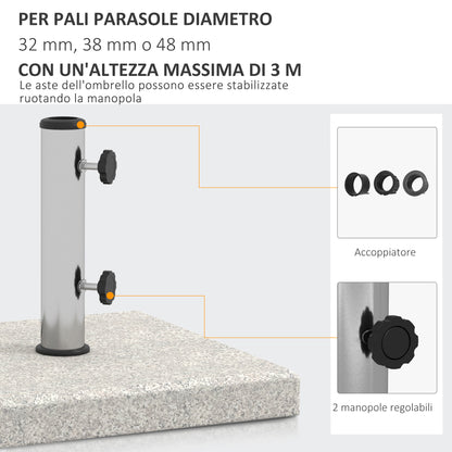 Garden Umbrella Base 25kg for Poles with Ø32mm, Ø38mm and Ø48mm, Granite and Stainless Steel Umbrella Base with Side Knobs and Handles, 38x38x38 cm, Gray