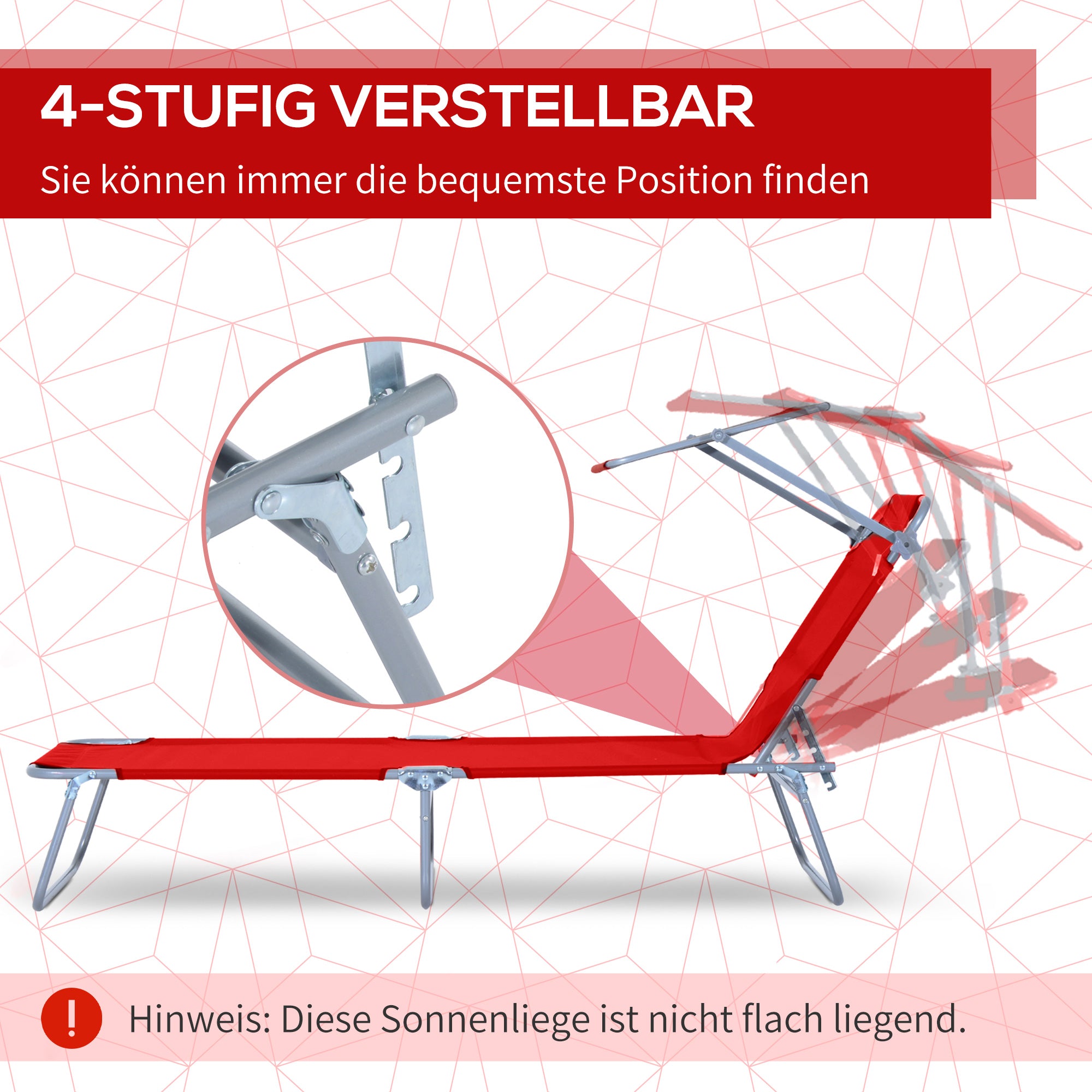 Folding Sun Lounger Garden Lounger with Canopy, Lounger with 4-Position Adjustable Backrest, Weatherproof Camping Lounger up to 120 kg Load Capacity, for Garden Beach Pool, Red