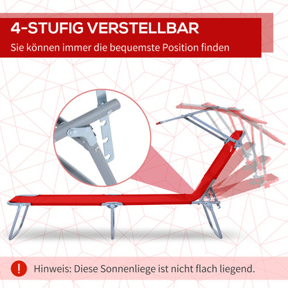 Folding Sun Lounger Garden Lounger with Canopy, Lounger with 4-Position Adjustable Backrest, Weatherproof Camping Lounger up to 120 kg Load Capacity, for Garden Beach Pool, Red