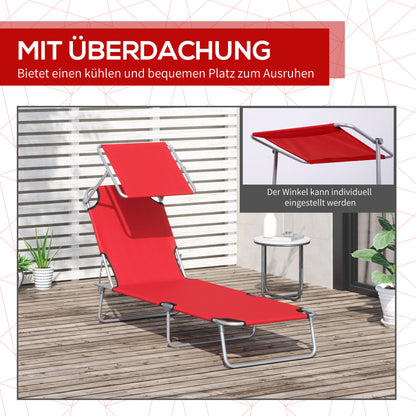 Folding Sun Lounger Garden Lounger with Canopy, Lounger with 4-Position Adjustable Backrest, Weatherproof Camping Lounger up to 120 kg Load Capacity, for Garden Beach Pool, Red