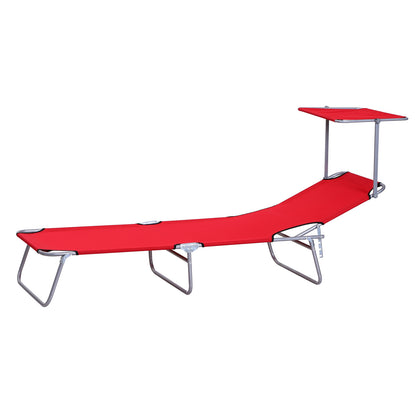 Folding Sun Lounger Garden Lounger with Canopy, Lounger with 4-Position Adjustable Backrest, Weatherproof Camping Lounger up to 120 kg Load Capacity, for Garden Beach Pool, Red