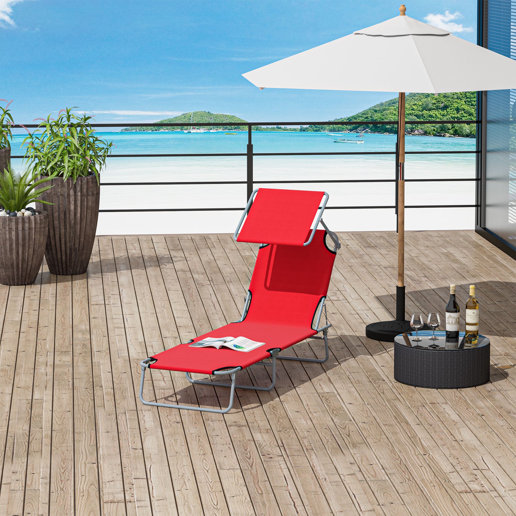 Folding Sun Lounger Garden Lounger with Canopy, Lounger with 4-Position Adjustable Backrest, Weatherproof Camping Lounger up to 120 kg Load Capacity, for Garden Beach Pool, Red