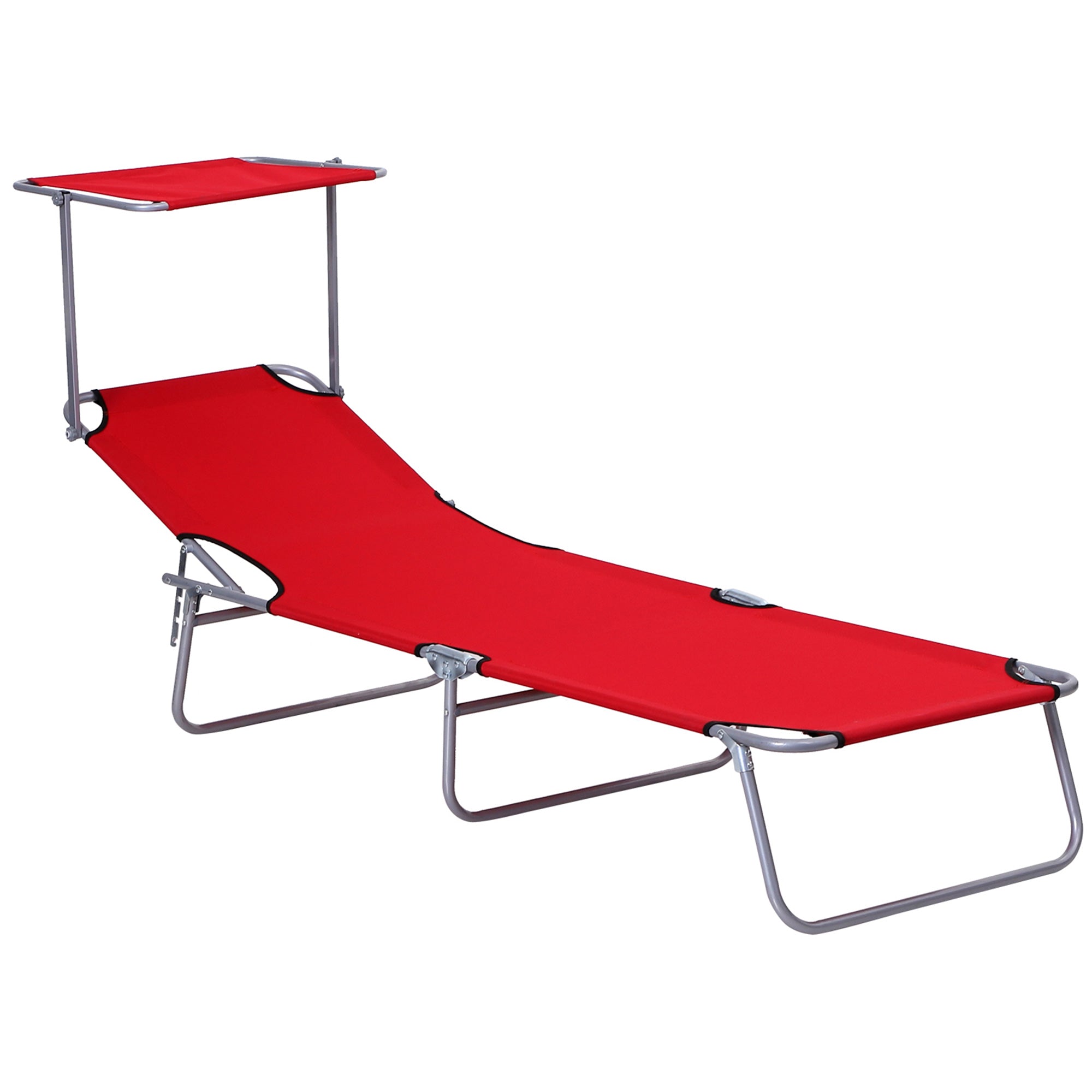 Folding Sun Lounger Garden Lounger with Canopy, Lounger with 4-Position Adjustable Backrest, Weatherproof Camping Lounger up to 120 kg Load Capacity, for Garden Beach Pool, Red