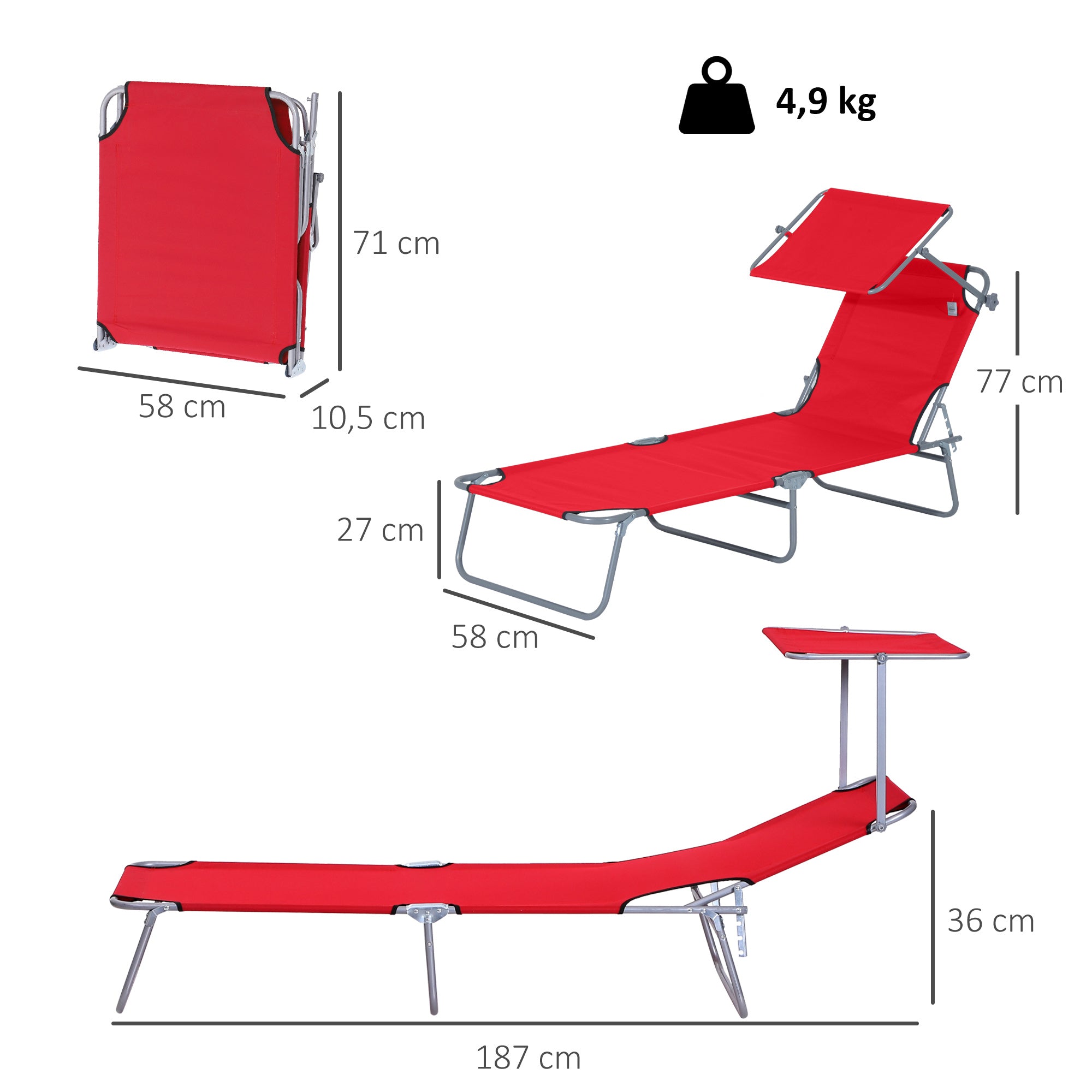 Folding Sun Lounger Garden Lounger with Canopy, Lounger with 4-Position Adjustable Backrest, Weatherproof Camping Lounger up to 120 kg Load Capacity, for Garden Beach Pool, Red
