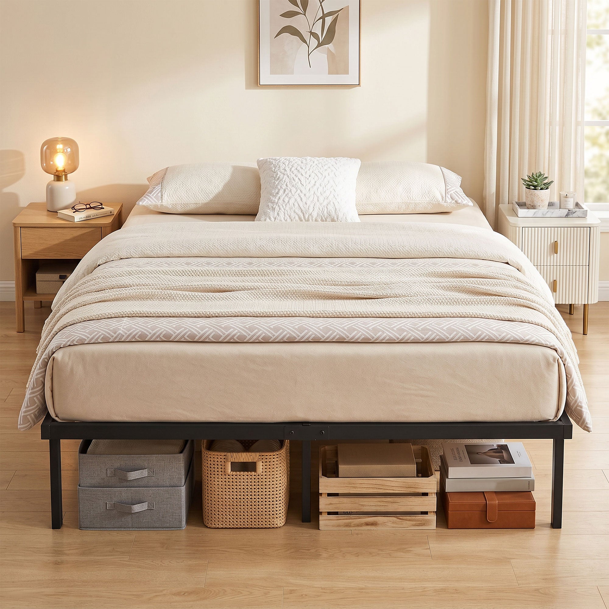 Metal Bed Frame with Under-Bed Storage, 14 in Height, Slatted Base, Quiet Design — No Box Spring Needed, Easy Assembly — 55 x 79 in (140 x 200 cm), Black