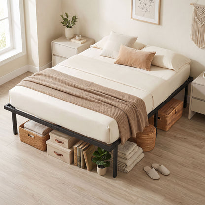 Metal Bed Frame with Under-Bed Storage, 14 in Height, Slatted Base, Quiet Design — No Box Spring Needed, Easy Assembly — 55 x 79 in (140 x 200 cm), Black