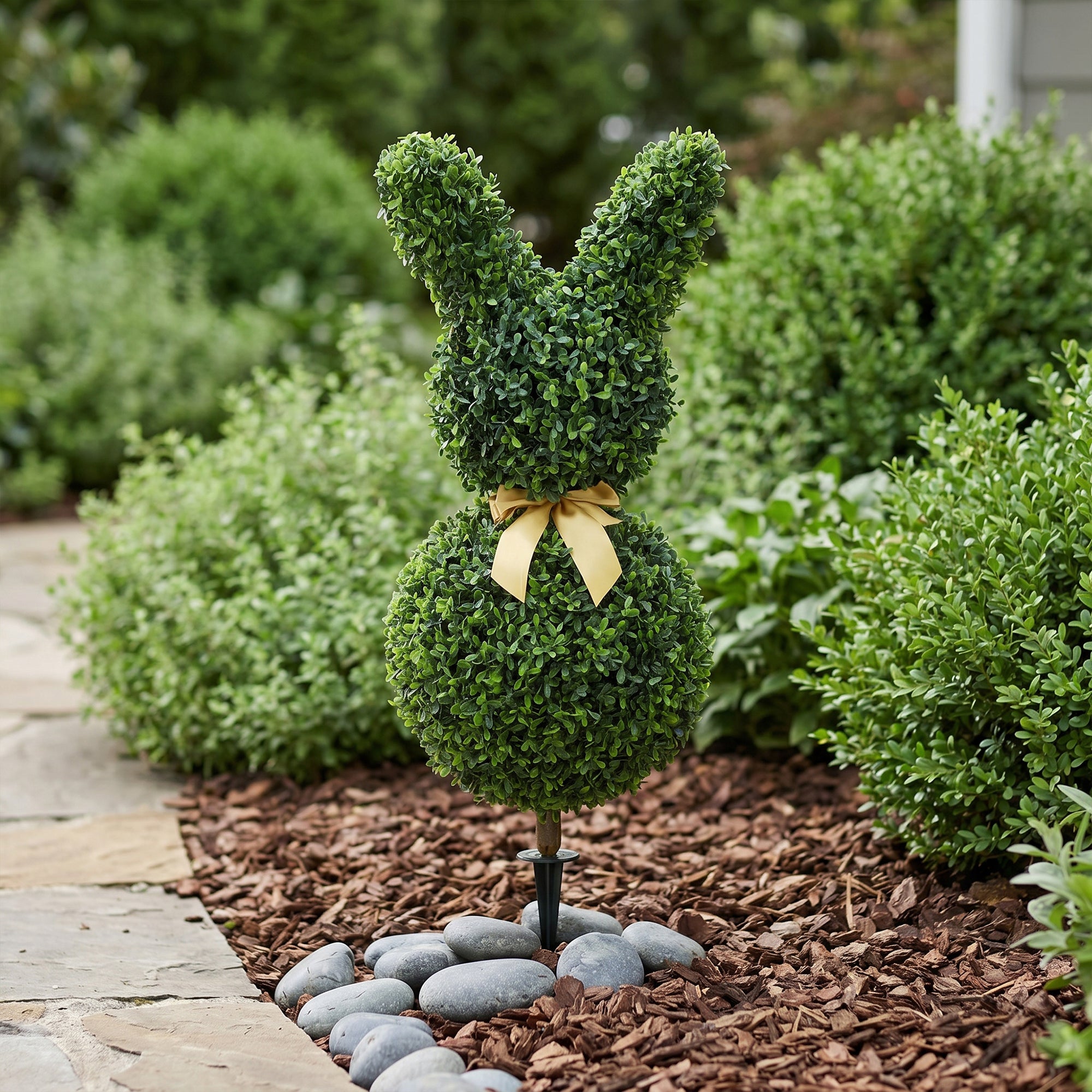 Rabbit-Shaped Artificial Boxwood Topiary, 32.7 in (83 cm) – Faux Plant with Ground Stake for Living Room, Bedroom, Office & Garden