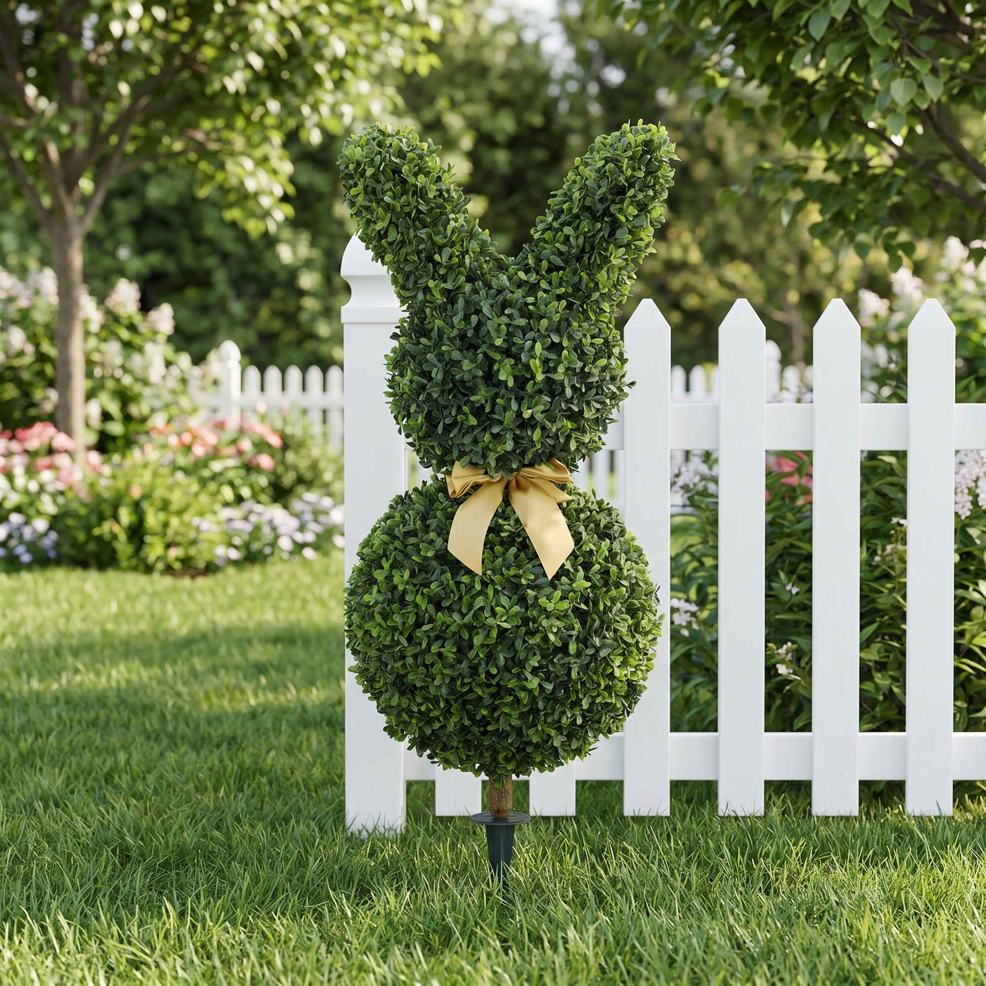 Rabbit-Shaped Artificial Boxwood Topiary, 32.7 in (83 cm) – Faux Plant with Ground Stake for Living Room, Bedroom, Office & Garden