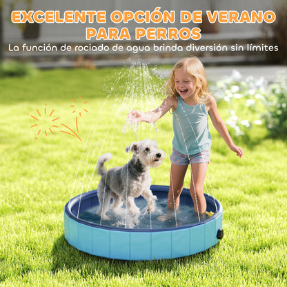 Foldable Dog Pool with Sprinkler Portable Bathtub for Small Pets PVC Non-Slip and Wear-Resistant for Indoors and Outdoors Ø80x20 cm Light Blue