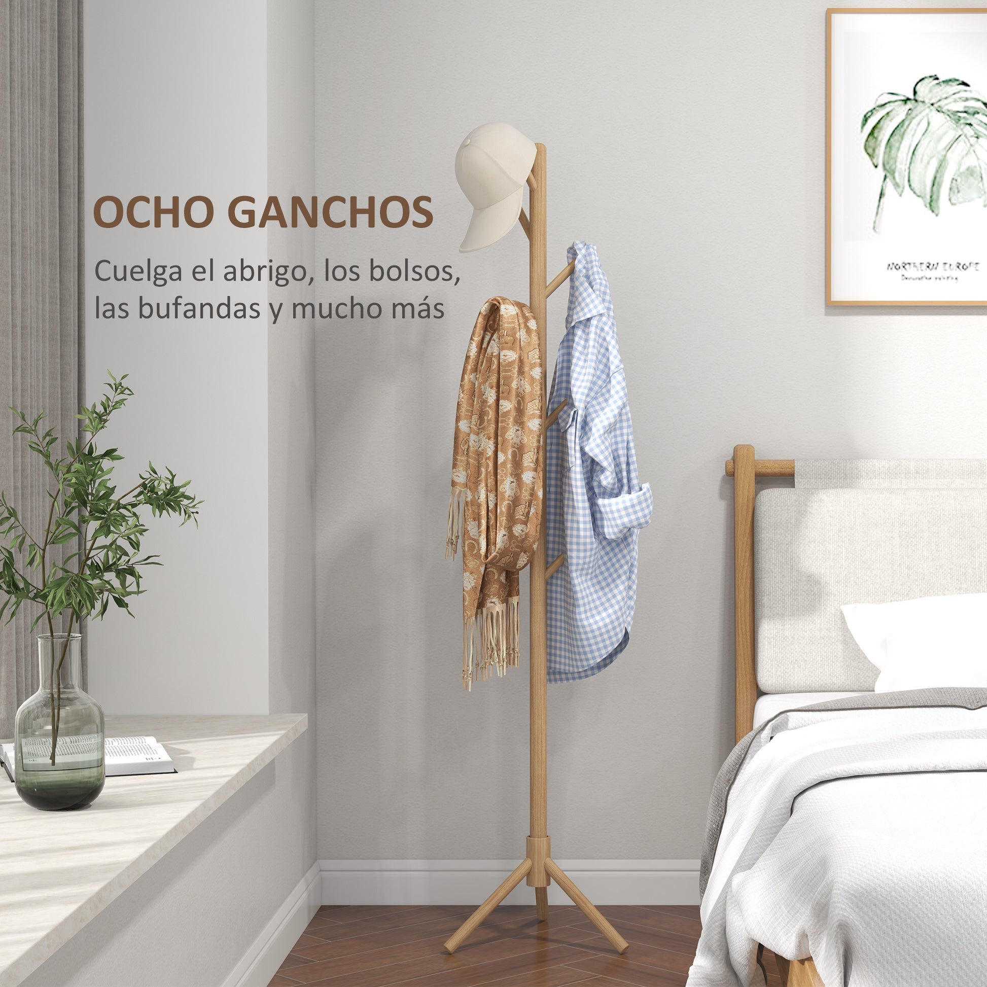 Standing Coat Rack with 8 Hooks Wooden Coat Stand Tree Shape for Hallway Entryway Bedroom 40x40x165 cm Natural