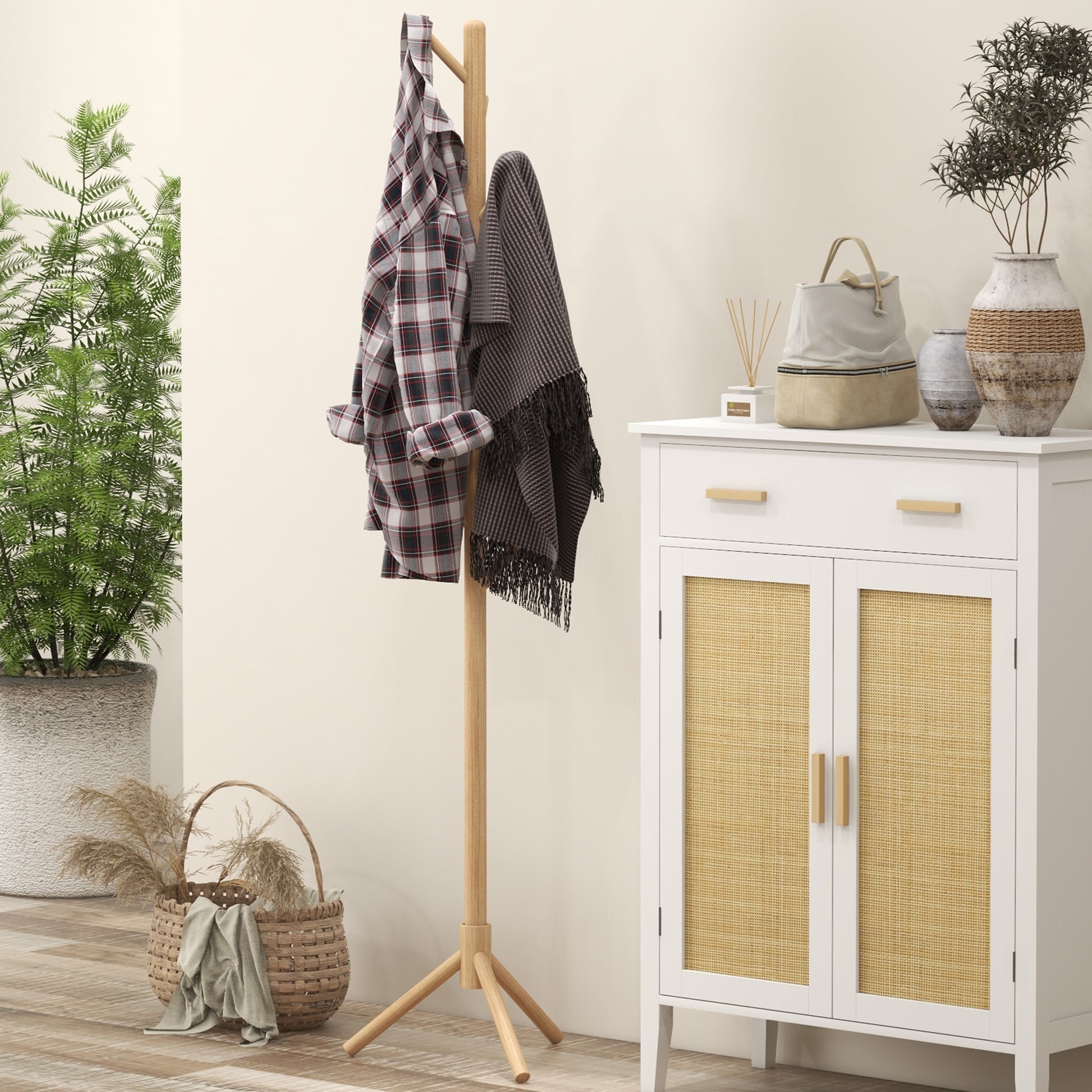 Standing Coat Rack with 8 Hooks Wooden Coat Stand Tree Shape for Hallway Entryway Bedroom 40x40x165 cm Natural