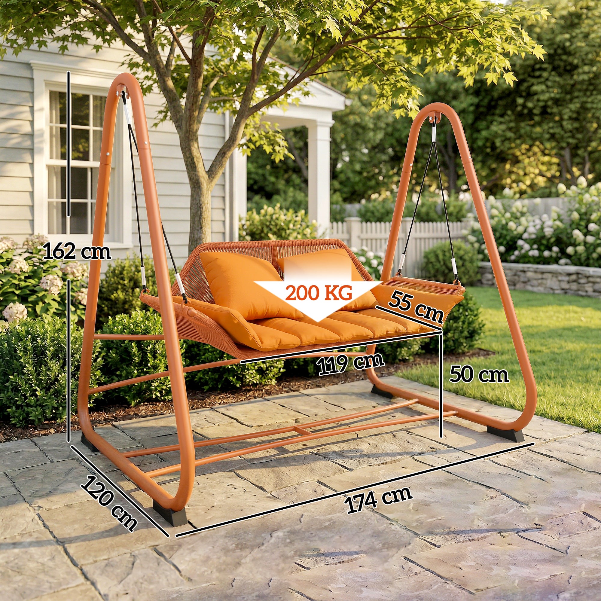 Terracotta 2-Person Hollywood Swing with Cushions — Metal A-Frame Hanging Lounger for Garden, Patio & Balcony (68.5 x 47.2 x 63.8 in)