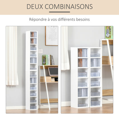 Set of 2 Column Shelves CD-DVD Storage Cabinet 6 + 6 Compartments 21L x 19W x 88H cm Max Capacity 160 CD White