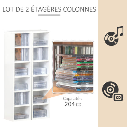 Set of 2 Column Shelves CD-DVD Storage Cabinet 6 + 6 Compartments 21L x 19W x 88H cm Max Capacity 160 CD White