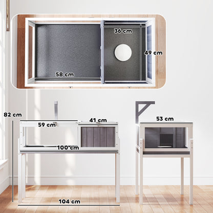 Elevated Wooden Turtle Hutch — Indoor/Outdoor 2-Zone Enclosure with Lamp Holder, Hinged Roof, Sliding Tray & Feeding Bowl — 104 x 53 x 82 cm (41 x 21 x 32 in) — Gray