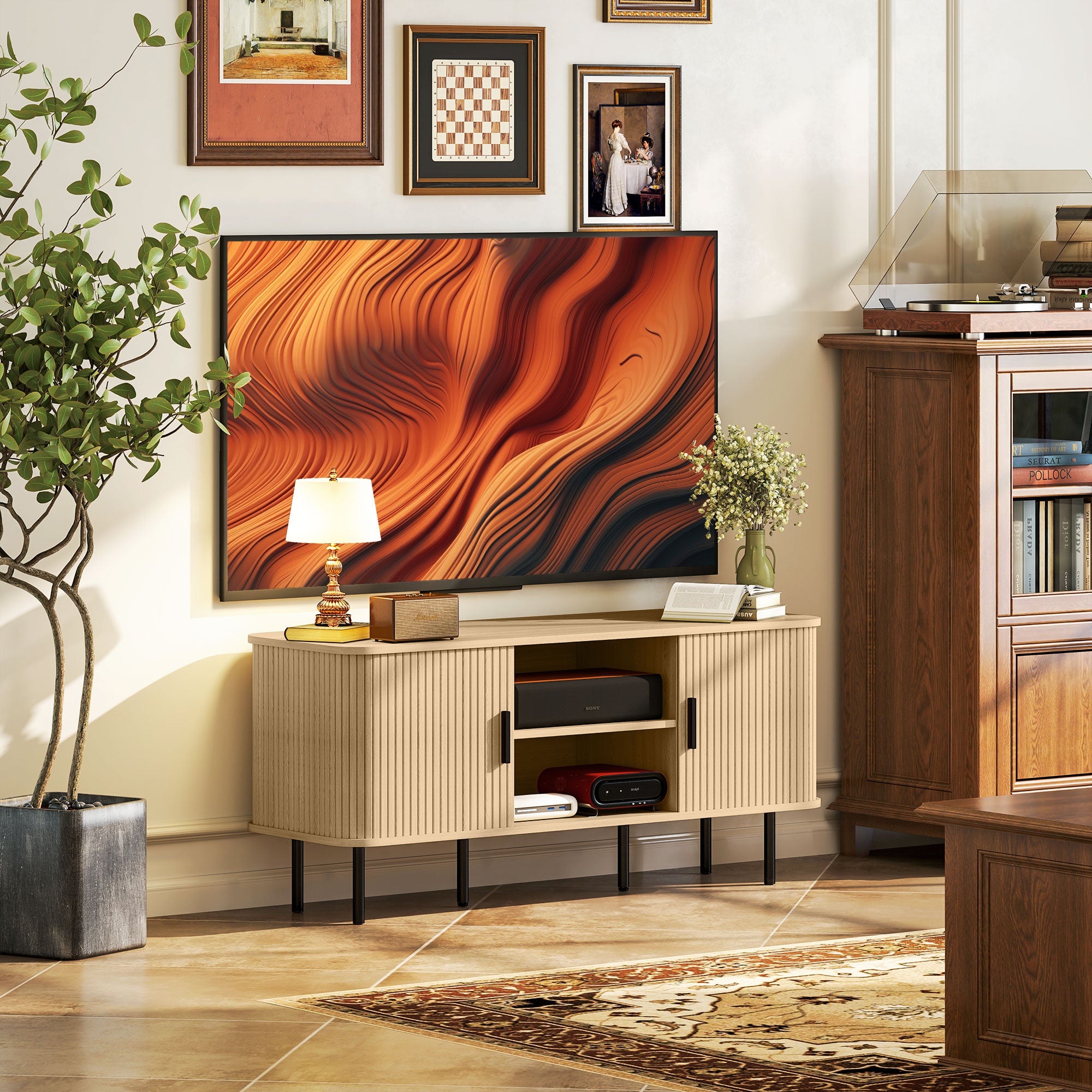 Vintage TV Stand Living Room TV Cabinet with 2 Sliding Drum Doors 2 Open Shelves TV Stand for 55-Inch TVs 120x40x55 cm Oak