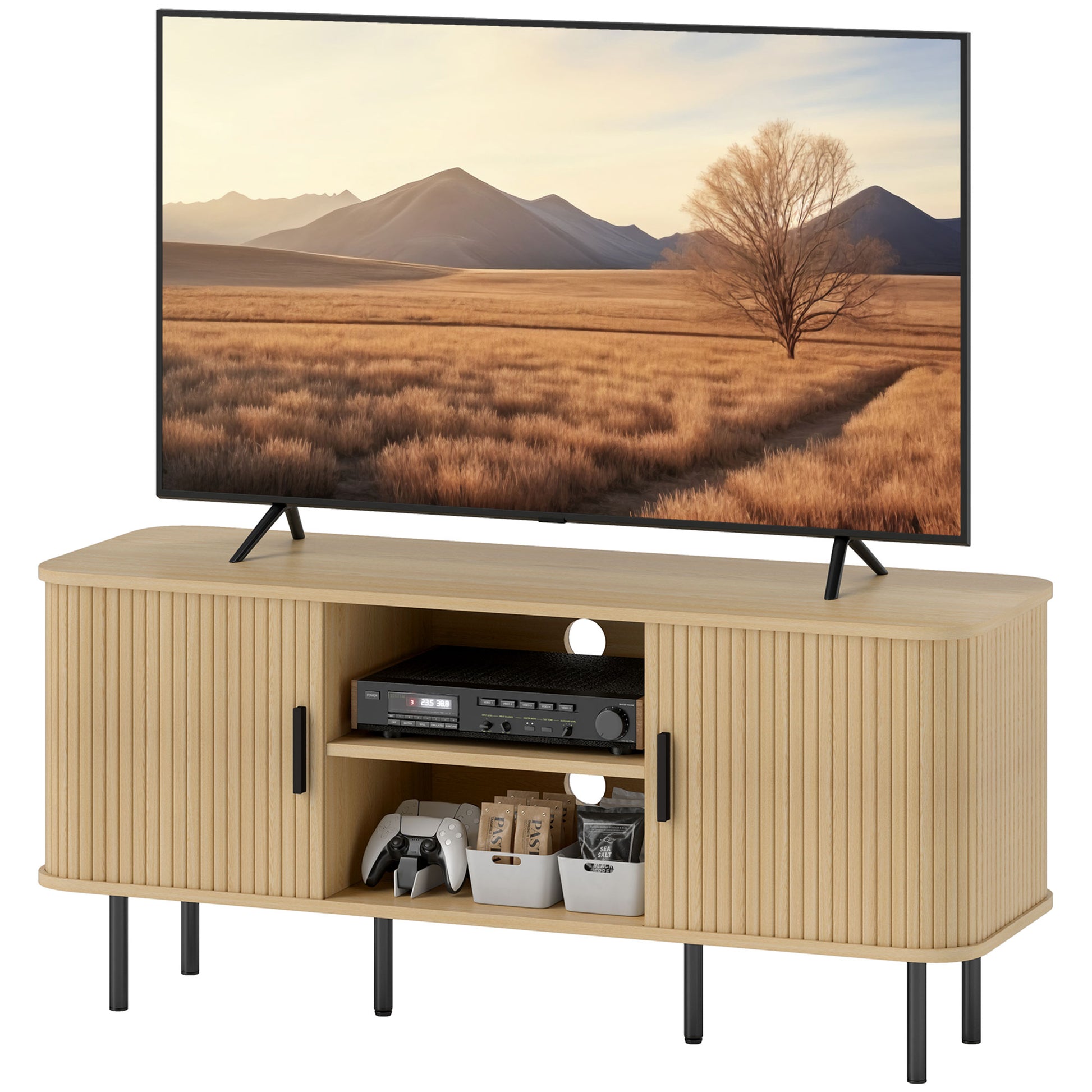 Vintage TV Stand Living Room TV Cabinet with 2 Sliding Drum Doors 2 Open Shelves TV Stand for 55-Inch TVs 120x40x55 cm Oak