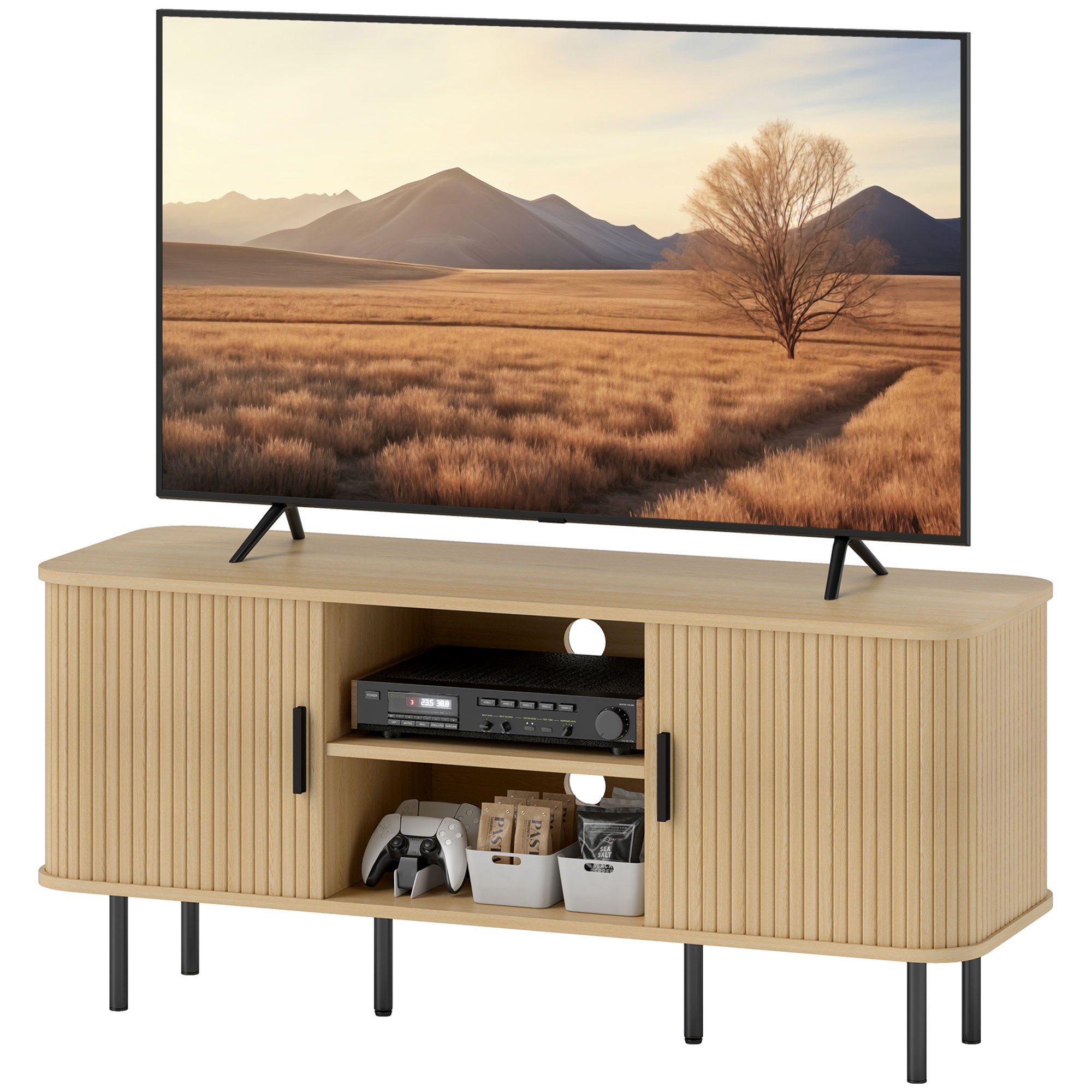 Vintage TV Stand Living Room TV Cabinet with 2 Sliding Drum Doors 2 Open Shelves TV Stand for 55-Inch TVs 120x40x55 cm Oak