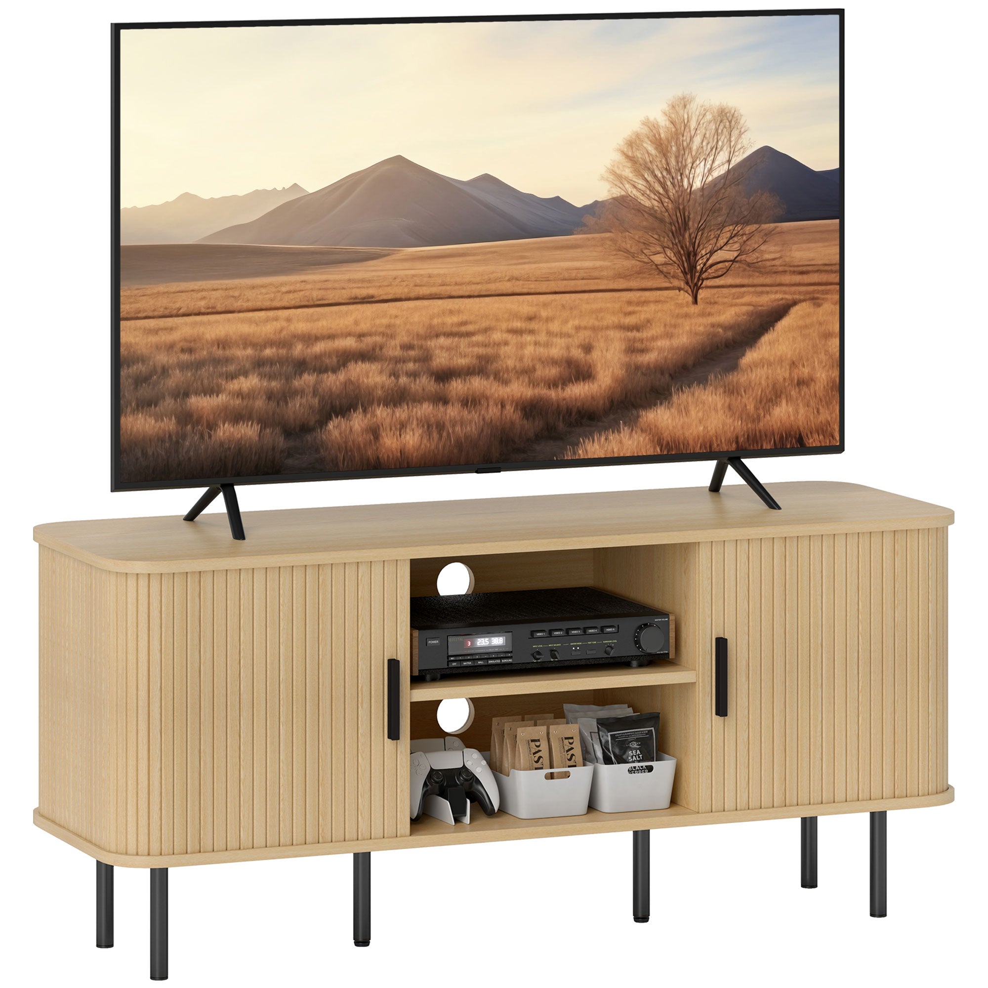 Vintage TV Stand Living Room TV Cabinet with 2 Sliding Drum Doors 2 Open Shelves TV Stand for 55-Inch TVs 120x40x55 cm Oak